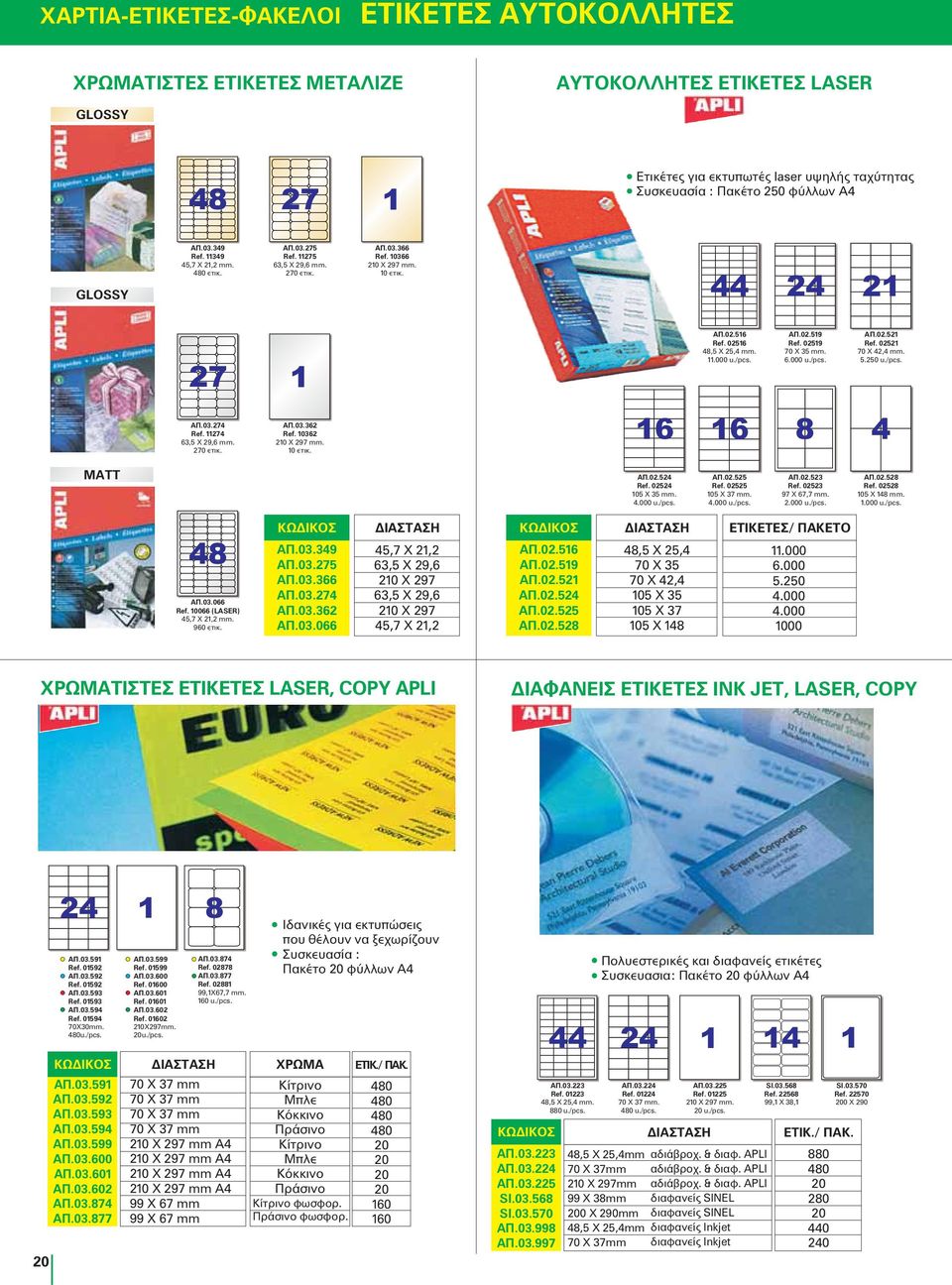 AΠ.02.519 Ref. 02519 70X35mm. 6.000 u./pcs. AΠ.02.521 Ref. 02521 70 X 42,4 mm. 5.250 u./pcs. AΠ.03.274 Ref. 174 63,5 X 29,6 mm. 270 ετικ. AΠ.03.362 Ref. 10362 210 X 297 mm. 10 ετικ. 4 MATT 10,656 AΠ.