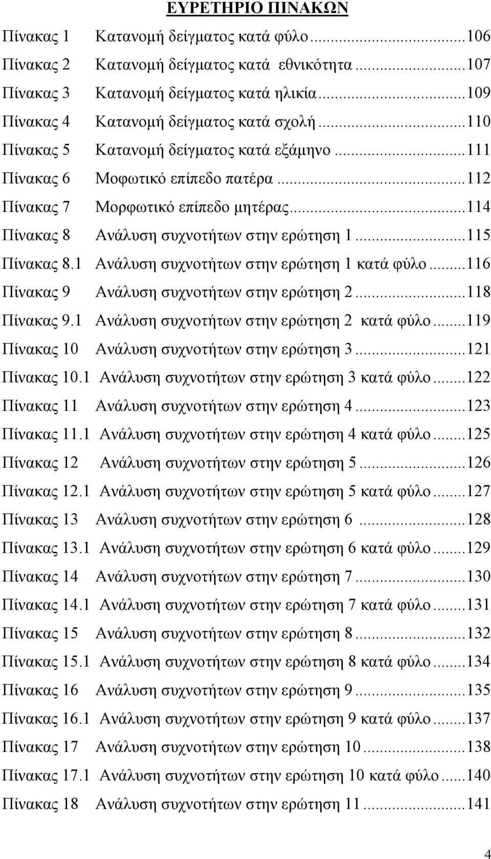 .. 114 Πίνακας 8 Ανάλυση συχνοτήτων στην ερώτηση 1... 115 Πίνακας 8.1 Ανάλυση συχνοτήτων στην ερώτηση 1 κατά φύλο... 116 Πίνακας 9 Ανάλυση συχνοτήτων στην ερώτηση 2... 118 Πίνακας 9.