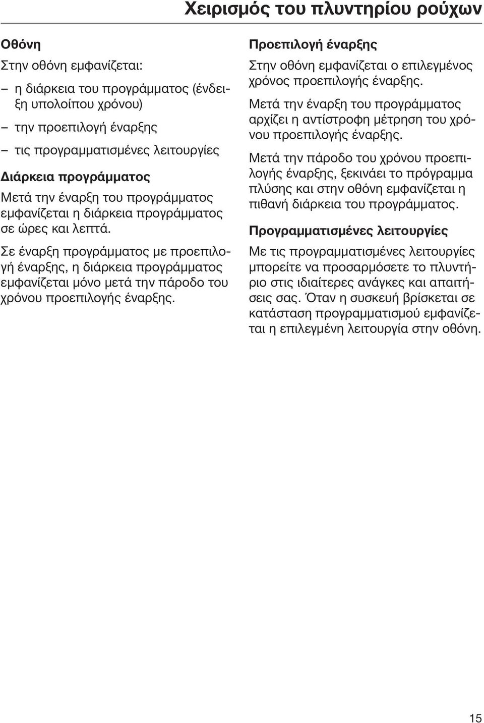 Σε έναρξη προγράμματος με προεπιλογή έναρξης, η διάρκεια προγράμματος εμφανίζεται μόνο μετά την πάροδο του χρόνου προεπιλογής έναρξης.