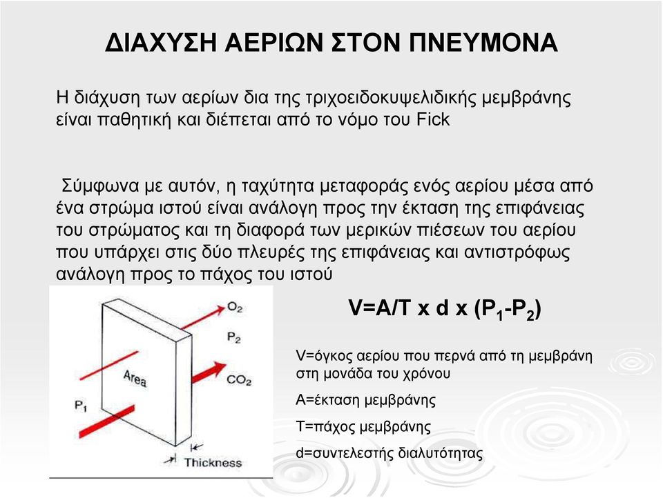 τη διαφορά των μερικών πιέσεων του αερίου που υπάρχει στις δύο πλευρές της επιφάνειας και αντιστρόφως ανάλογη προς το πάχος του ιστού V=A/T