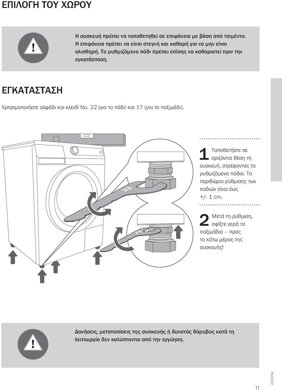 22 (για το πόδι) και 17 (για το παξιμάδι). 1 Τοποθετήστε σε οριζόντια θέση τη συσκευή, στρέφοντας τα ρυθμιζόμενα πόδια.