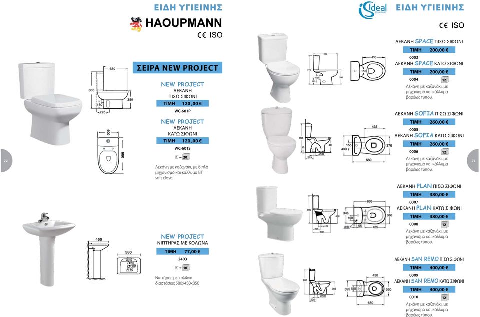 NEW PROJECT ΝΙΠΤΗΡΑΣ ΜΕ ΚΟΛΩΝΑ ΤΙΜΗ 77,00 2403 0 Νιπτήρας με κολώνα διαστάσεις 80x40x80 0004 2 ΛΕΚΑΝΗ SOFIA ΠΙΣΩ ΣΙΦΩΝΙ ΤΙΜΗ,00 000 ΛΕΚΑΝΗ SOFIA ΚΑΤΩ ΣΙΦΩΝΙ ΤΙΜΗ,00 μηχανισμό και κάλλυμα βαρέως τύπου.