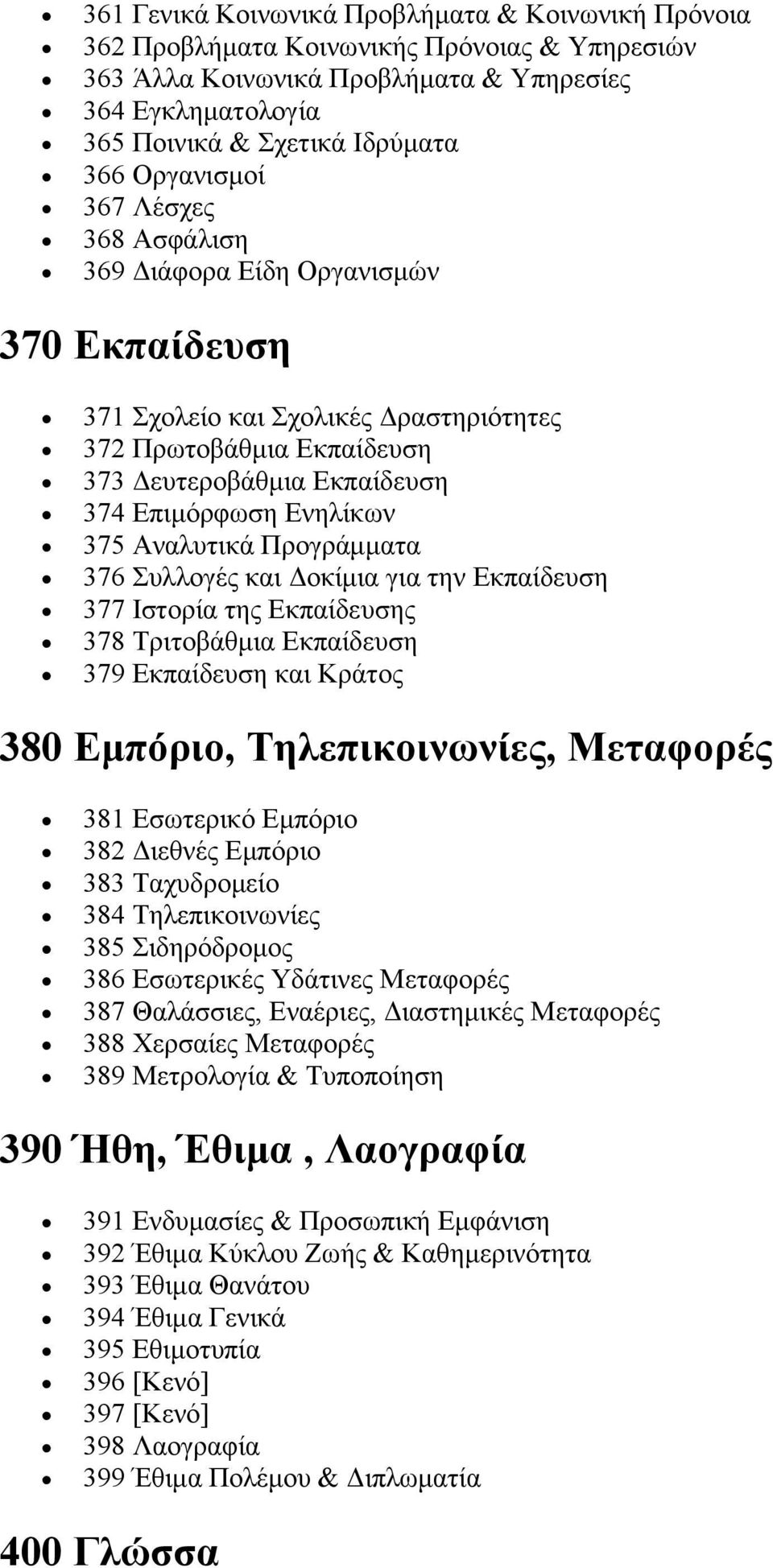 375 Αναλυτικά Προγράμματα 376 Συλλογές και Δοκίμια για την Εκπαίδευση 377 Ιστορία της Εκπαίδευσης 378 Τριτοβάθμια Εκπαίδευση 379 Εκπαίδευση και Κράτος 380 Εμπόριο, Τηλεπικοινωνίες, Μεταφορές 381