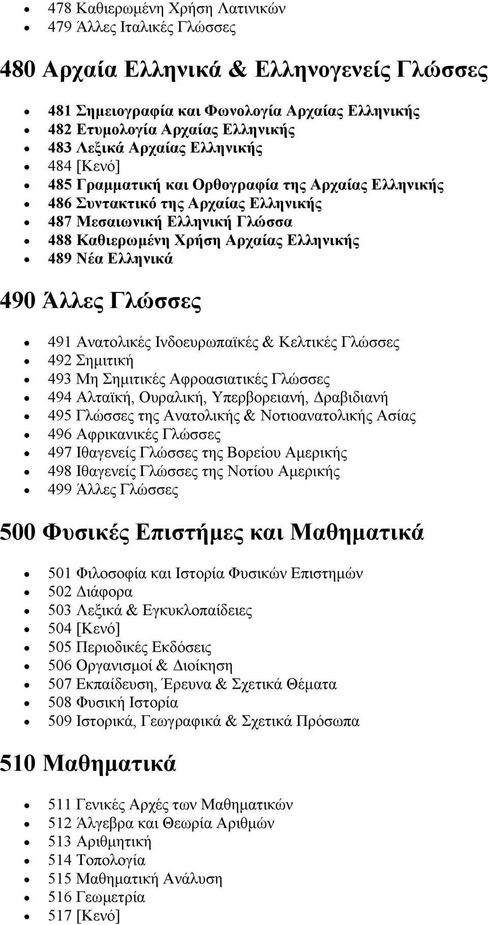 Ελληνικά 490 Άλλες Γλώσσες 491 Ανατολικές Ινδοευρωπαϊκές & Κελτικές Γλώσσες 492 Σημιτική 493 Μη Σημιτικές Αφροασιατικές Γλώσσες 494 Αλταϊκή, Ουραλική, Υπερβορειανή, Δραβιδιανή 495 Γλώσσες της