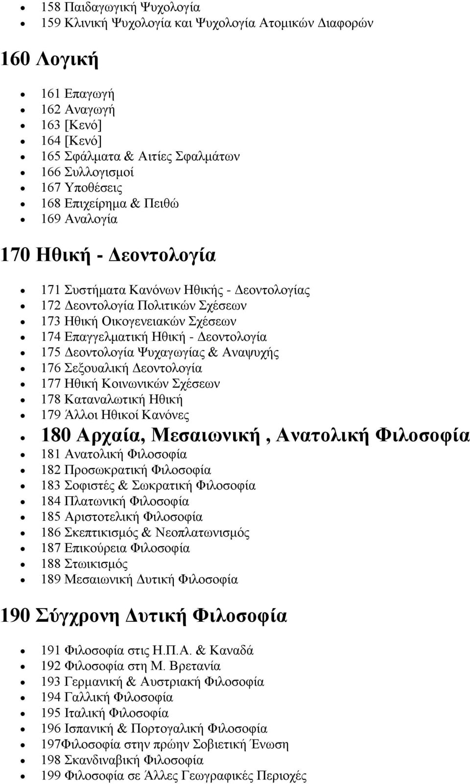 Δεοντολογία 175 Δεοντολογία Ψυχαγωγίας & Αναψυχής 176 Σεξουαλική Δεοντολογία 177 Ηθική Κοινωνικών Σχέσεων 178 Καταναλωτική Ηθική 179 Άλλοι Ηθικοί Κανόνες 180 Αρχαία, Μεσαιωνική, Ανατολική Φιλοσοφία