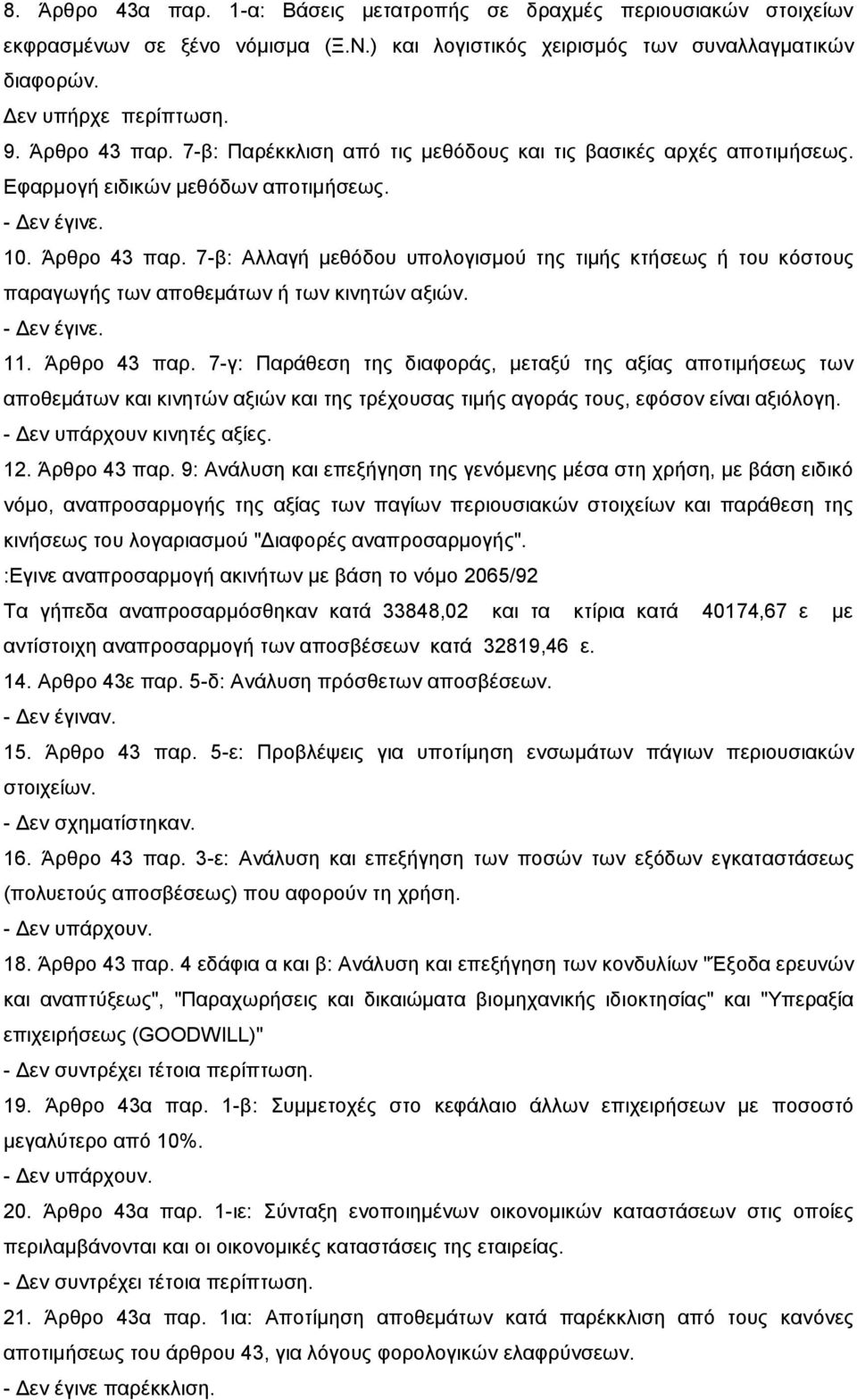 7-β: Αλλαγή μεθόδου υπολογισμού της τιμής κτήσεως ή του κόστους παραγωγής των αποθεμάτων ή των κινητών αξιών. 11. Άρθρο 43 παρ.