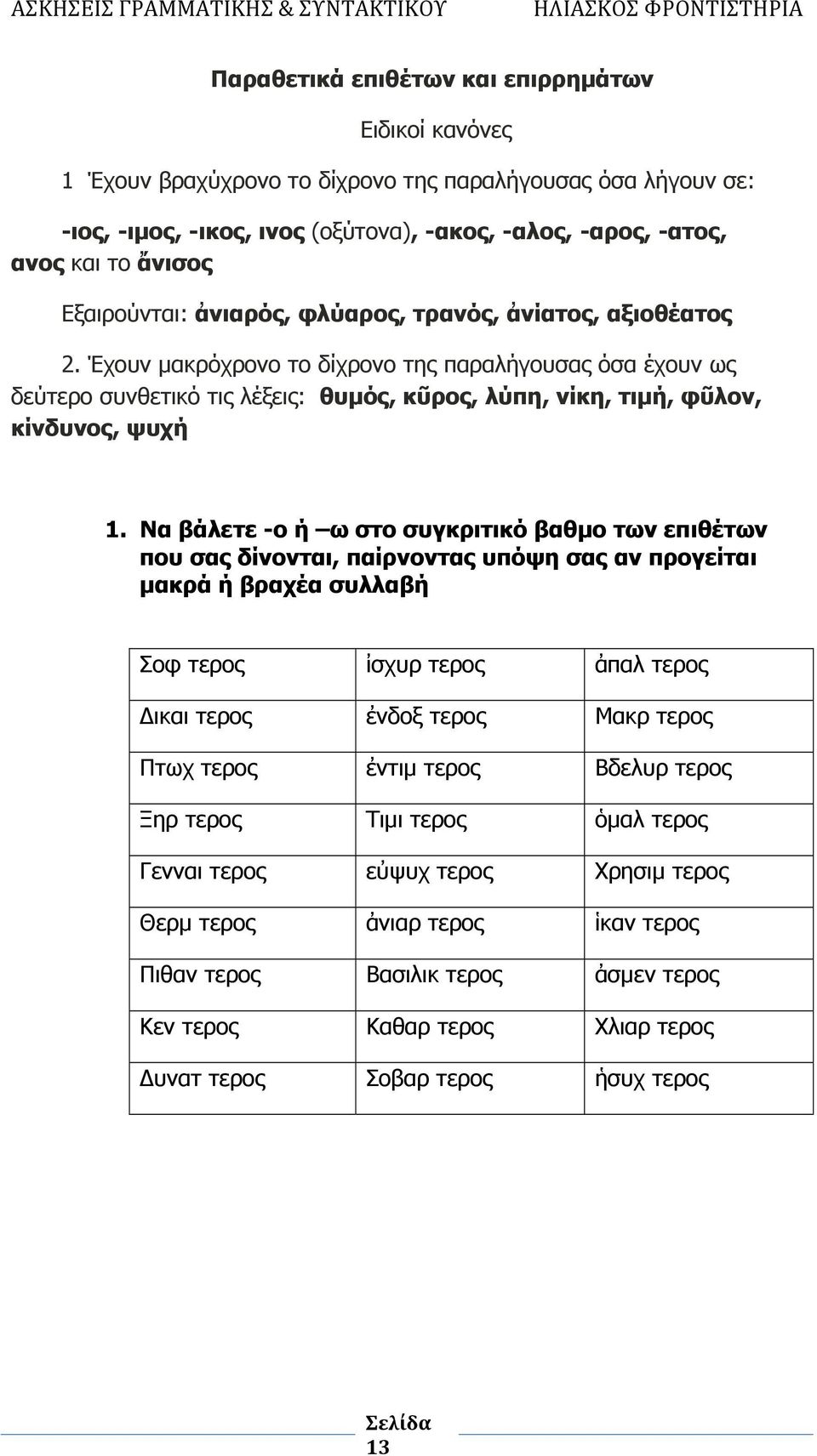 Έχουν μακρόχρονο το δίχρονο της παραλήγουσας όσα έχουν ως δεύτερο συνθετικό τις λέξεις: θυμός, κῦρος, λύπη, νίκη, τιμή, φῦλον, κίνδυνος, ψυχή 1.