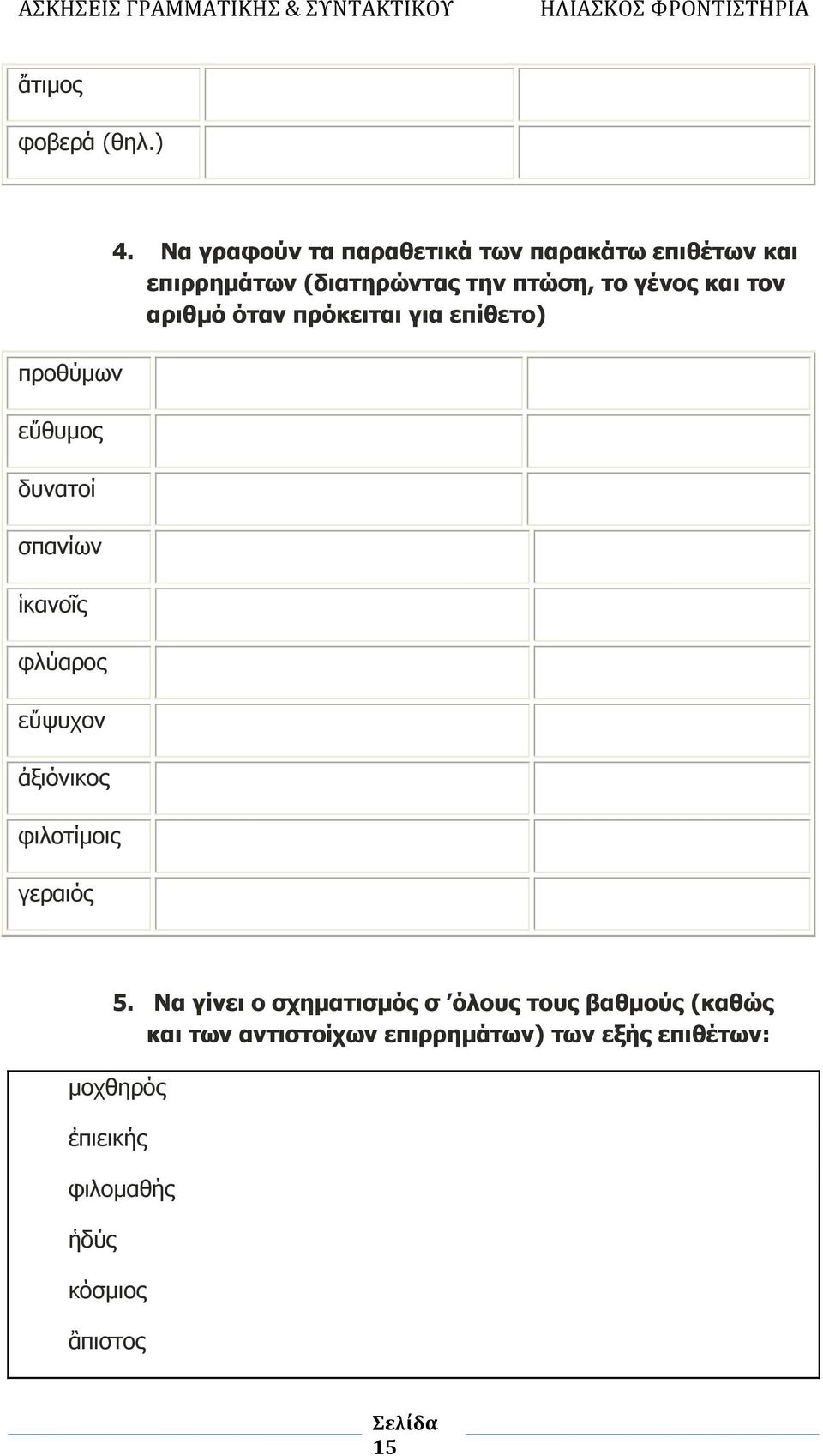 Να γραφούν τα παραθετικά των παρακάτω επιθέτων και επιρρημάτων (διατηρώντας την πτώση, το γένος και