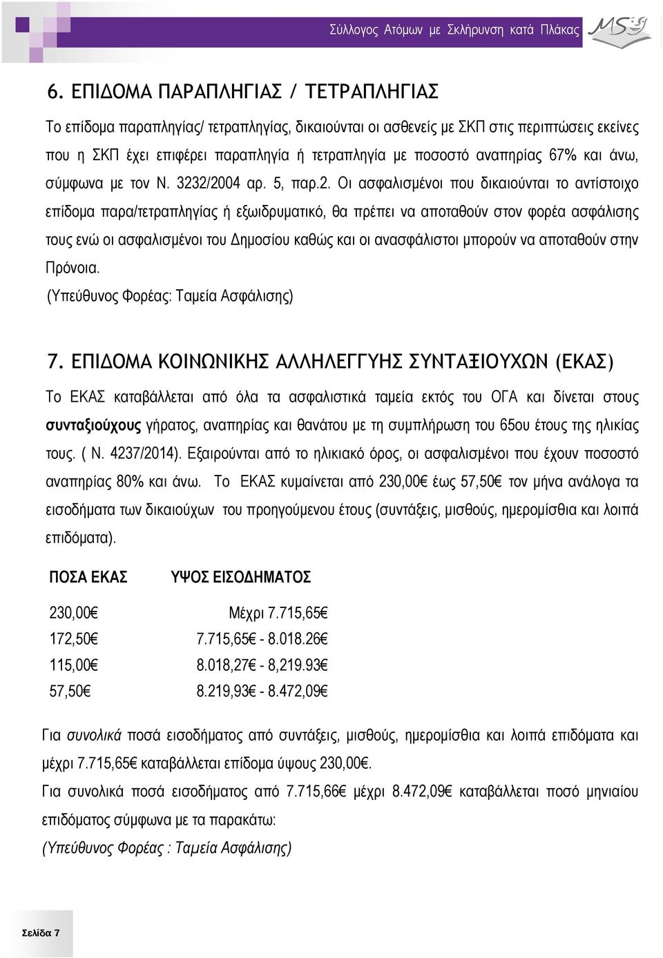 2/2004 αρ. 5, παρ.2. Οι ασφαλισμένοι που δικαιούνται το αντίστοιχο επίδομα παρα/τετραπληγίας ή εξωιδρυματικό, θα πρέπει να αποταθούν στον φορέα ασφάλισης τους ενώ οι ασφαλισμένοι του Δημοσίου καθώς