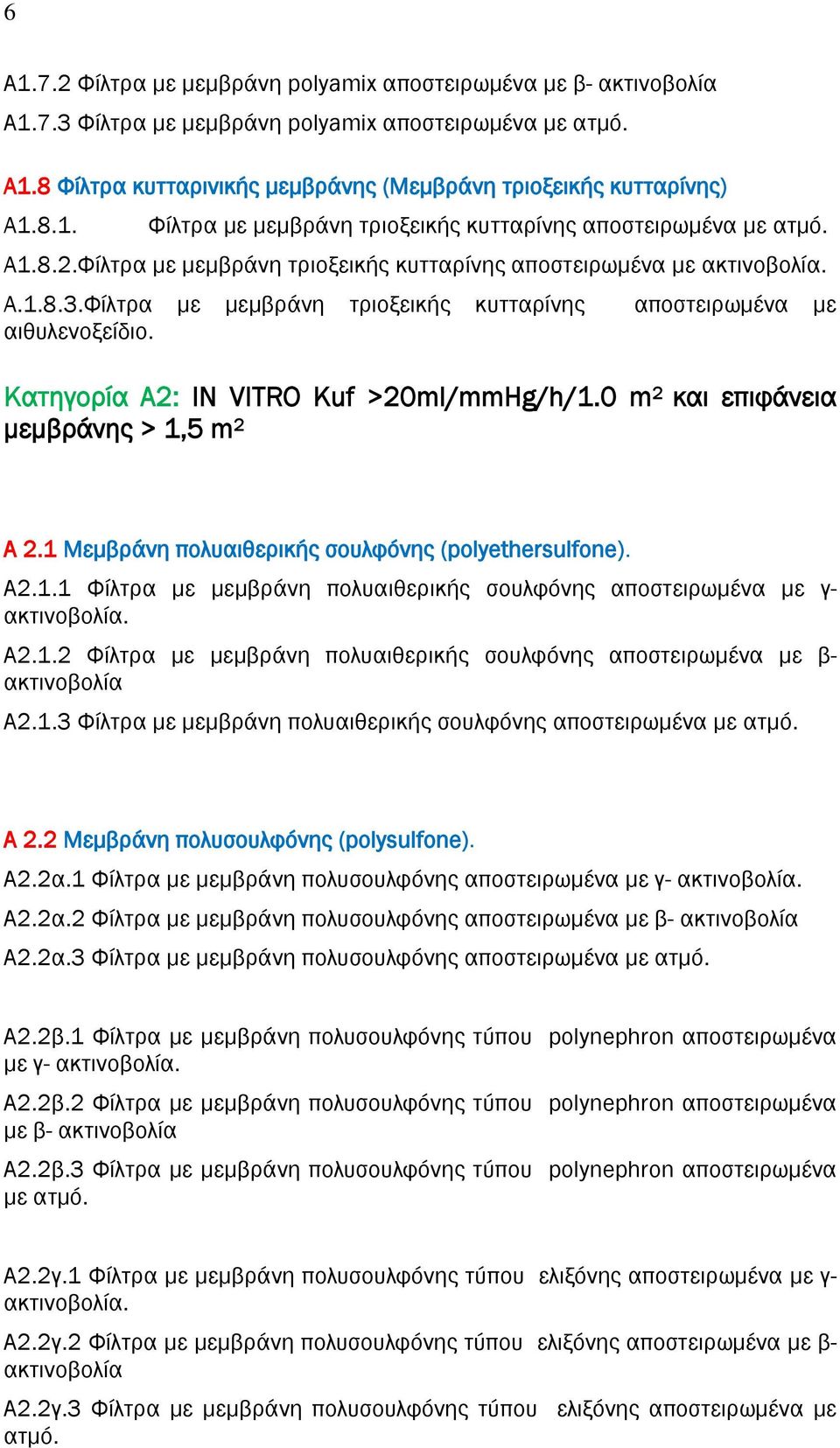 0 m 2 και επιφάνεια μεμβράνης > 1,5 m 2 Α 2.1 Μεμβράνη πολυαιθερικής σουλφόνης (polyethersulfone). Α2.1.1 Φίλτρα με μεμβράνη πολυαιθερικής σουλφόνης αποστειρωμένα με γ-. Α2.1.2 Φίλτρα με μεμβράνη πολυαιθερικής σουλφόνης αποστειρωμένα με β- Α2.