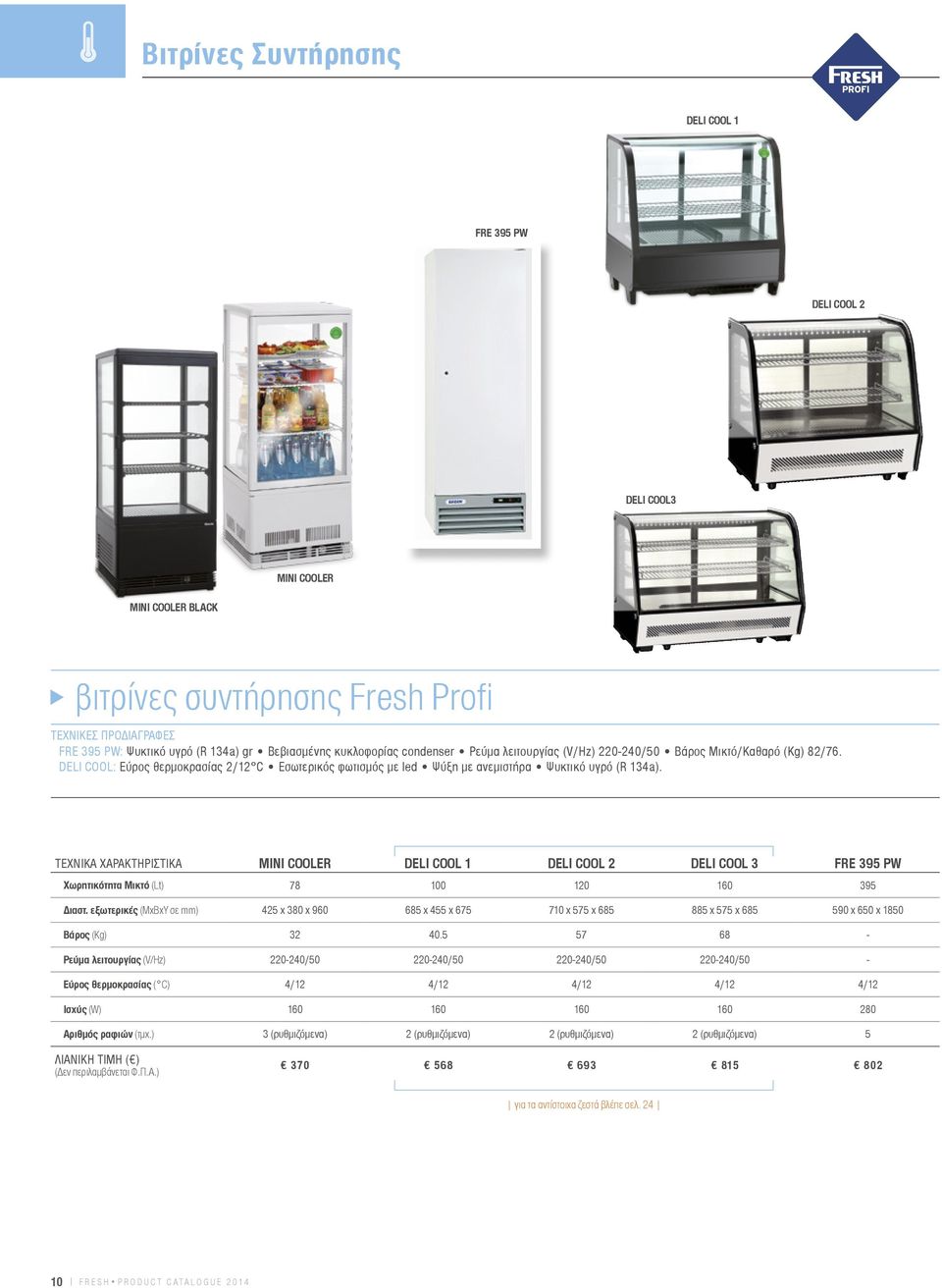 MINI COOLER DELI COOL 1 DELI COOL 2 DELI COOL 3 FRE 395 PW Xωρητικότητα Μικτό (Lt) 78 100 120 160 395 Διαστ.