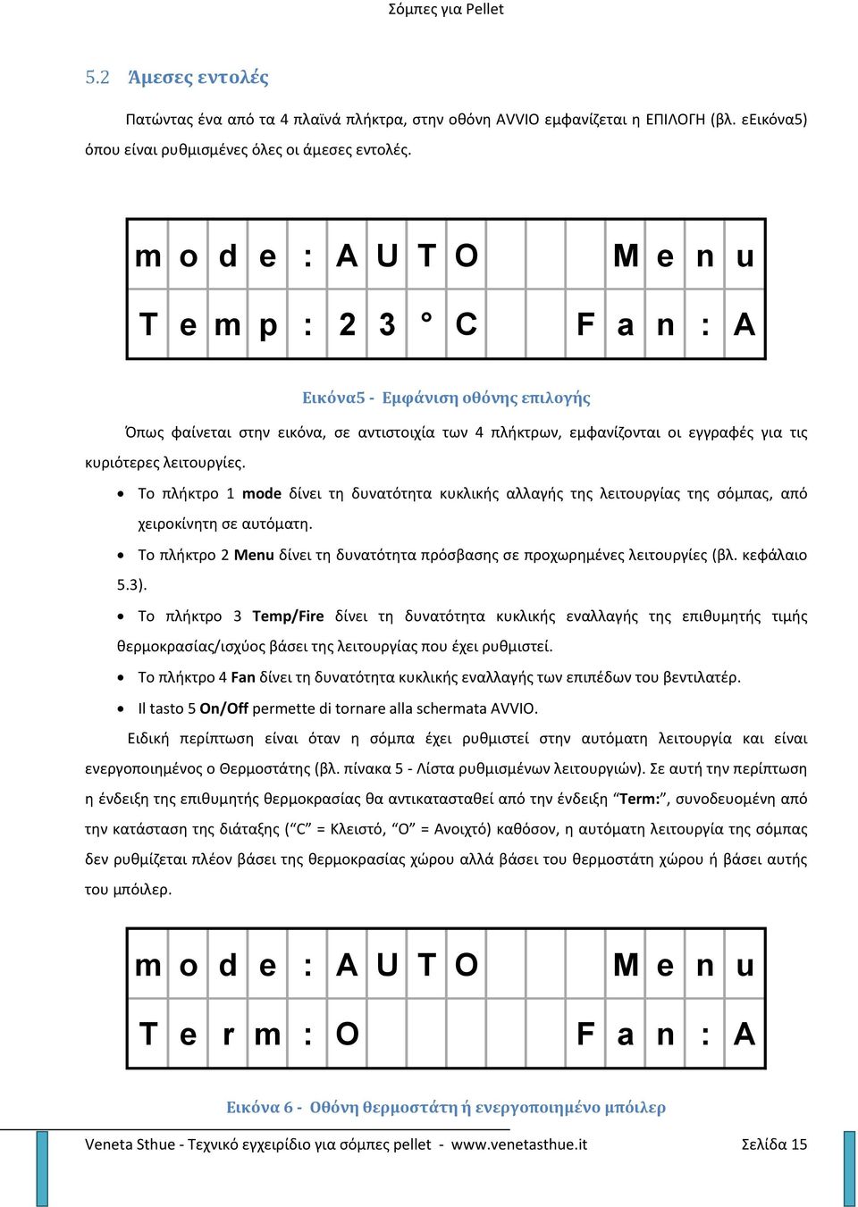 λειτουργίες. Το πλήκτρο 1 mode δίνει τη δυνατότητα κυκλικής αλλαγής της λειτουργίας της σόμπας, από χειροκίνητη σε αυτόματη.