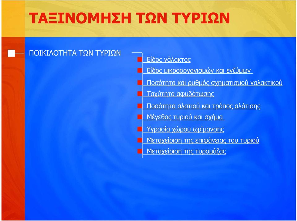 Ταχύτητα αφυδάτωσης Ποσότητα αλατιού και τρόπος αλάτισης Μέγεθος τυριού και