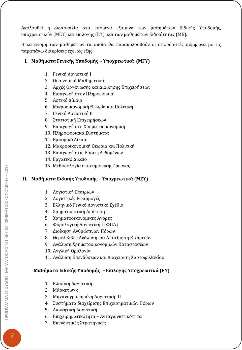 Γενική Λογιστική Ι 2. Οικονομικά Μαθηματικά 3. Αρχές Οργάνωσης και Διοίκησης Επιχειρήσεων 4. Εισαγωγή στην Πληροφορική 5. Αστικό Δίκαιο 6. Μικροοικονομική Θεωρία και Πολιτική 7. Γενική Λογιστική ΙΙ 8.