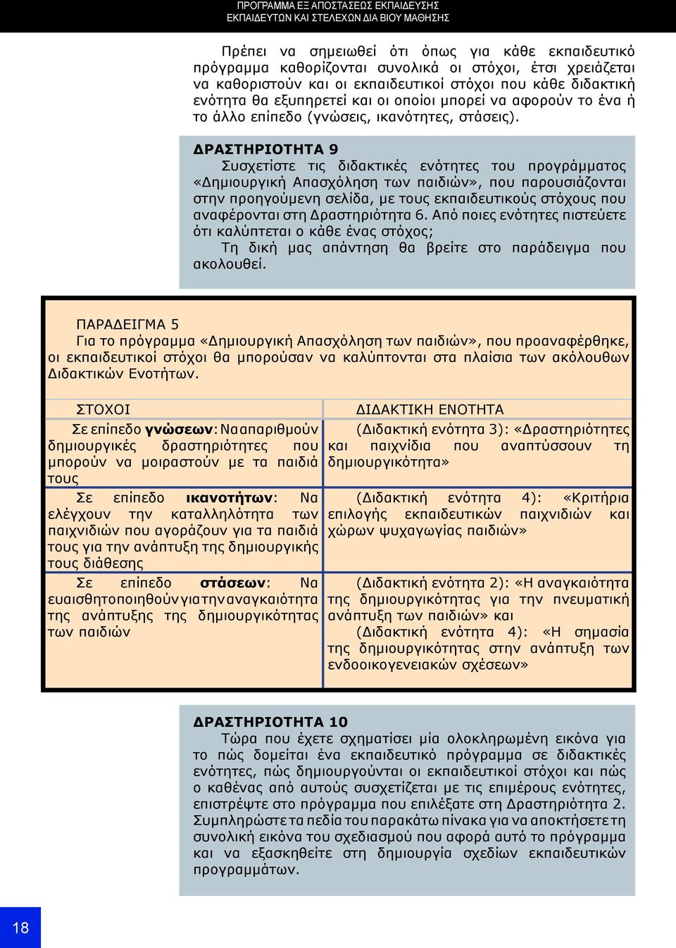 ΔΡΑΣΤΗΡΙΟΤΗΤΑ 9 Συσχετίστε τις διδακτικές ενότητες του προγράμματος «Δημιουργική Απασχόληση των παιδιών», που παρουσιάζονται στην προηγούμενη σελίδα, με τους εκπαιδευτικούς στόχους που αναφέρονται