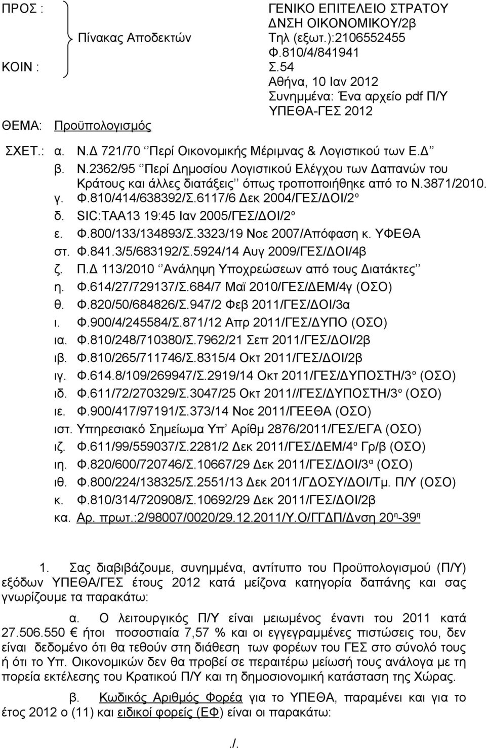 Δ 721/70 Περί Οικονομικής Μέριμνας & Λογιστικού των Ε.Δ β. Ν.2362/95 Περί Δημοσίου Λογιστικού Ελέγχου των Δαπανών του Κράτους και άλλες διατάξεις όπως τροποποιήθηκε από το Ν.3871/2010. γ. Φ.