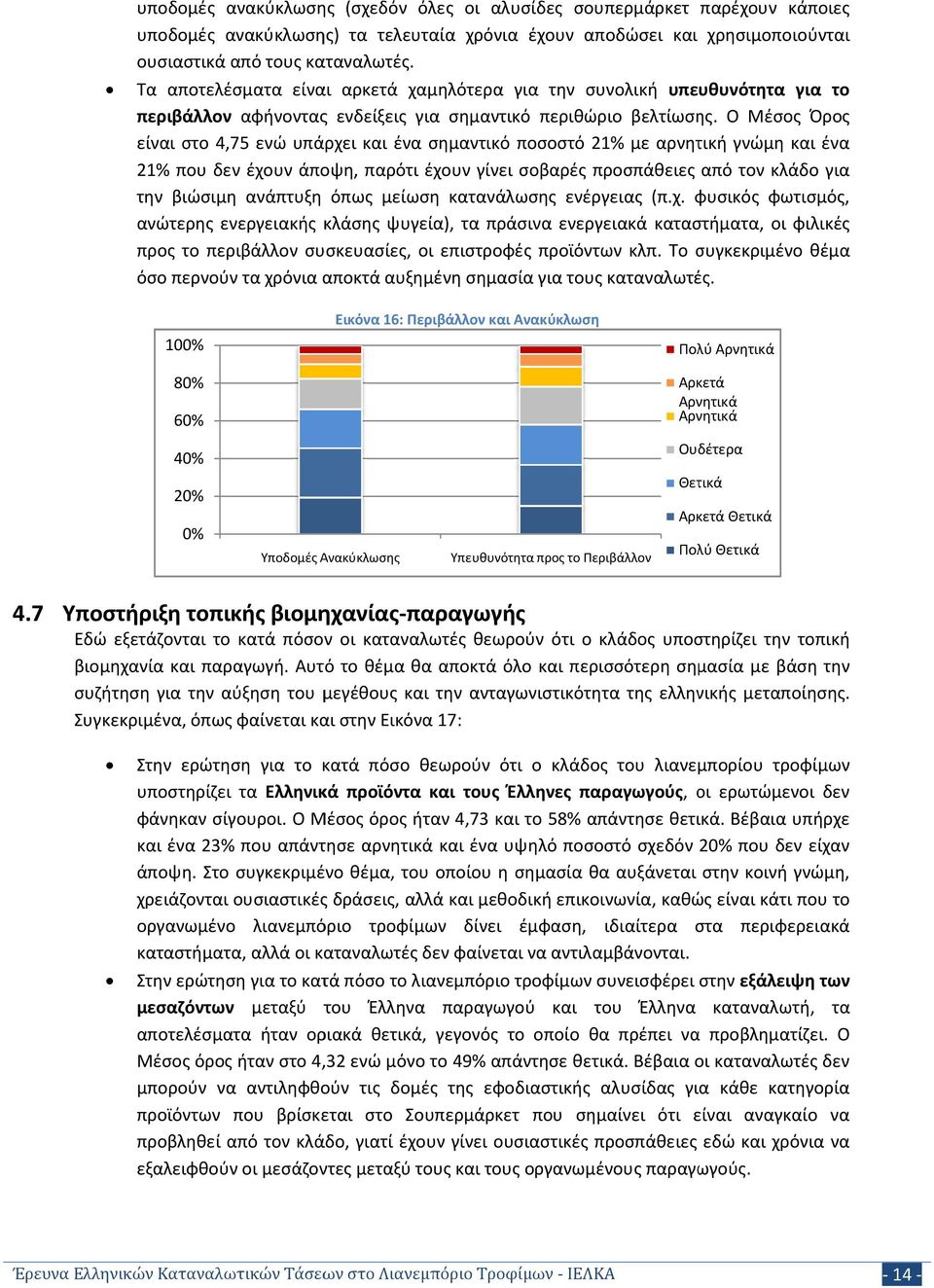 Ο Μέσος Όρος είναι στο 4,75 ενώ υπάρχει και ένα σημαντικό ποσοστό 21% με αρνητική γνώμη και ένα 21% που δεν έχουν άποψη, παρότι έχουν γίνει σοβαρές προσπάθειες από τον κλάδο για την βιώσιμη ανάπτυξη