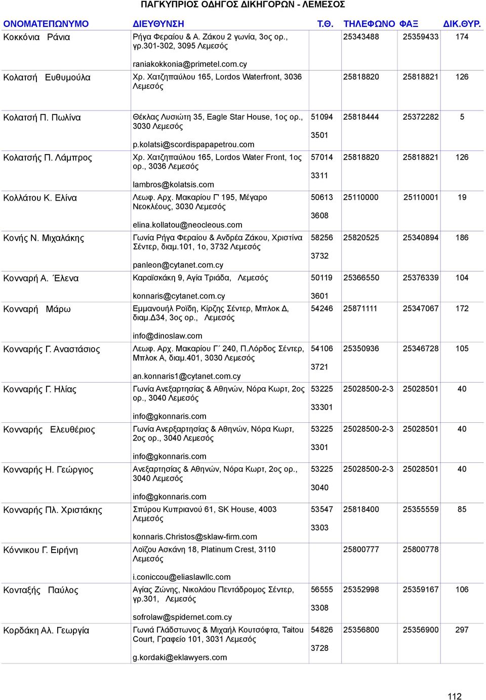 com Κολατσής Π. Λάμπρος Χρ. Χατζηπαύλου 165, Lordos Water Front, 1ος 57014 25818820 25818821 126 ορ., 3036 3311 lambros@kolatsis.com Κολλάτου Κ. Ελίνα Λεωφ. Αρχ.