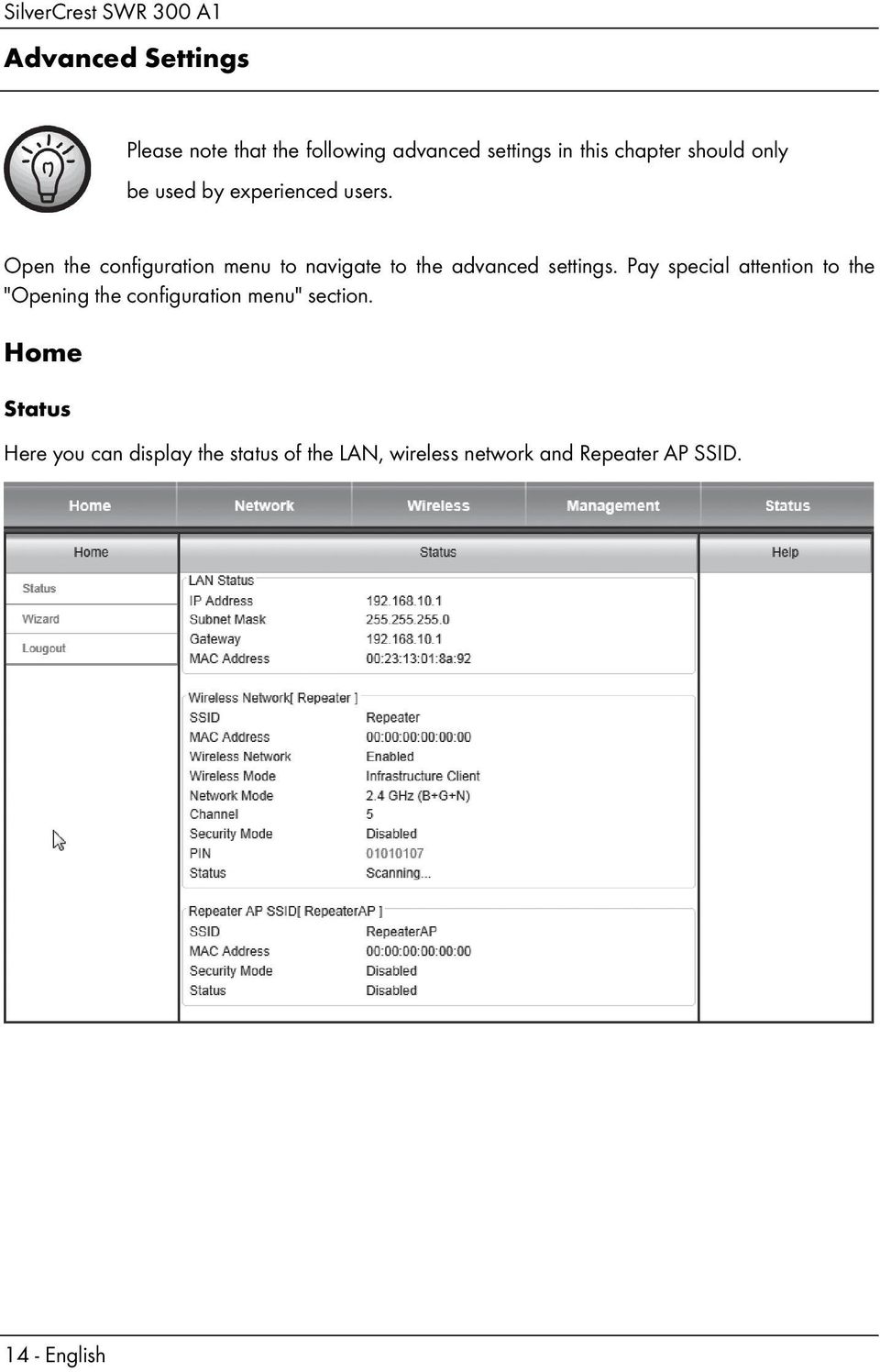 Open the configuration menu to navigate to the advanced settings.