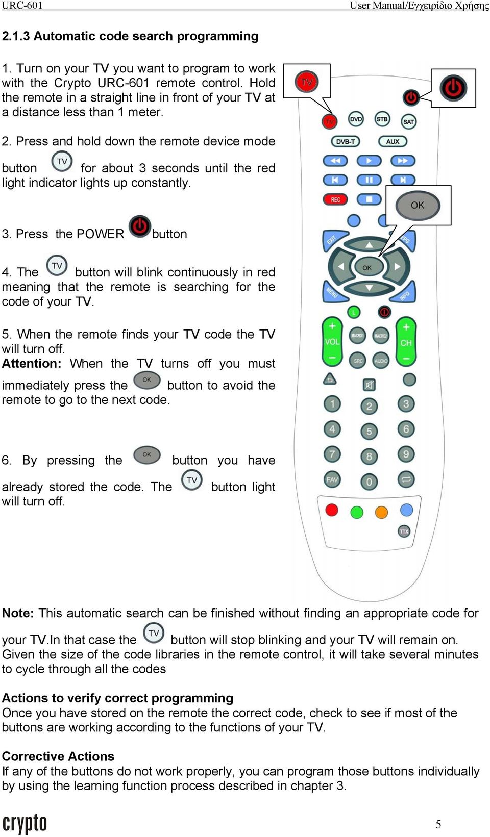 Press and hold down the remote device mode button for about 3 seconds until the red light indicator lights up constantly. 3. Press the POWER button 4.