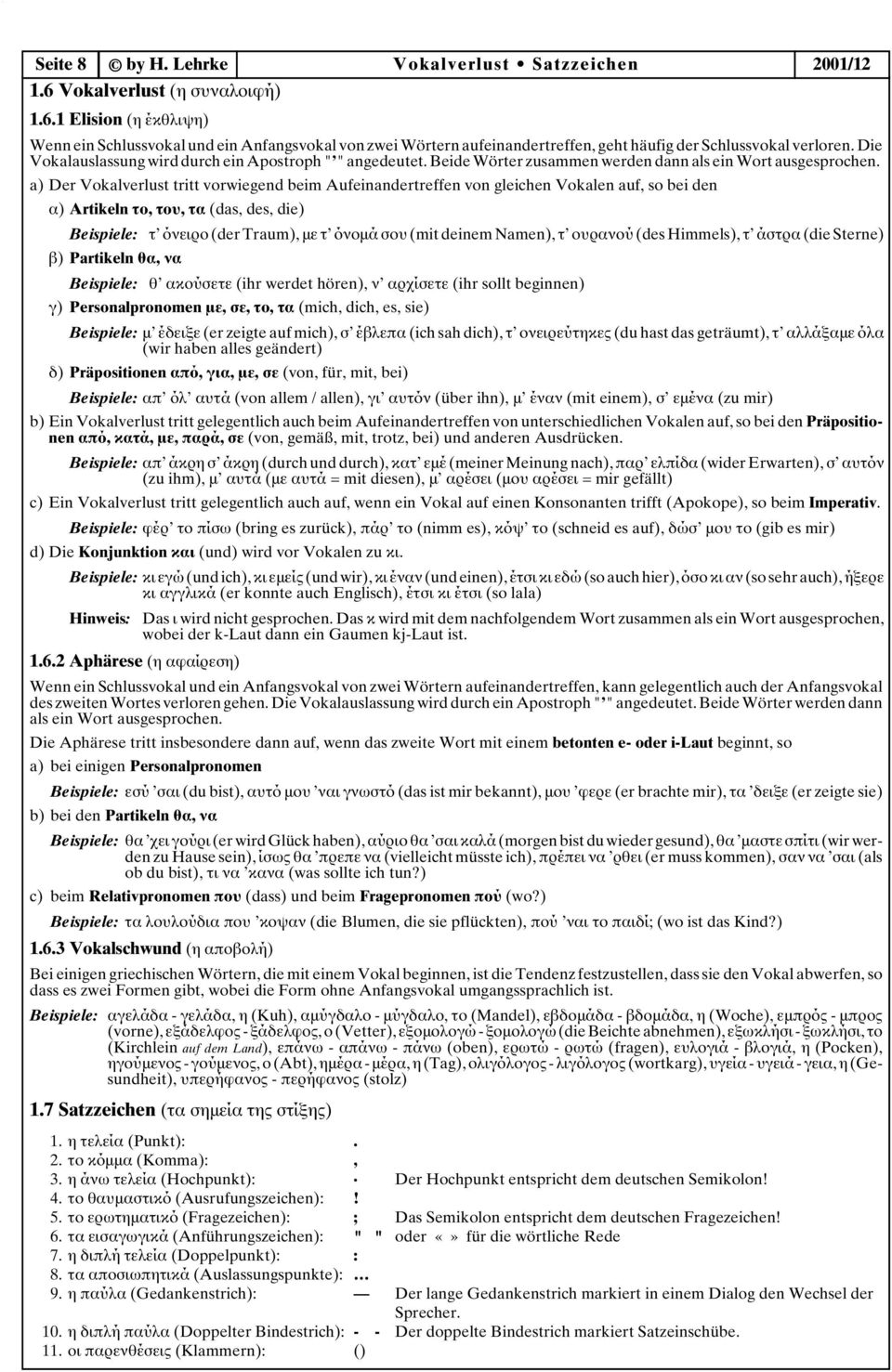 a) Der Vokalverlust tritt vorwiegend beim Aufeinandertreffen von gleichen Vokalen auf, so bei den α) Artikeln το, του, τα (das, des, die) Beispiele: τ όνειρο (der Traum), µε τ όνοµά σου (mit deinem