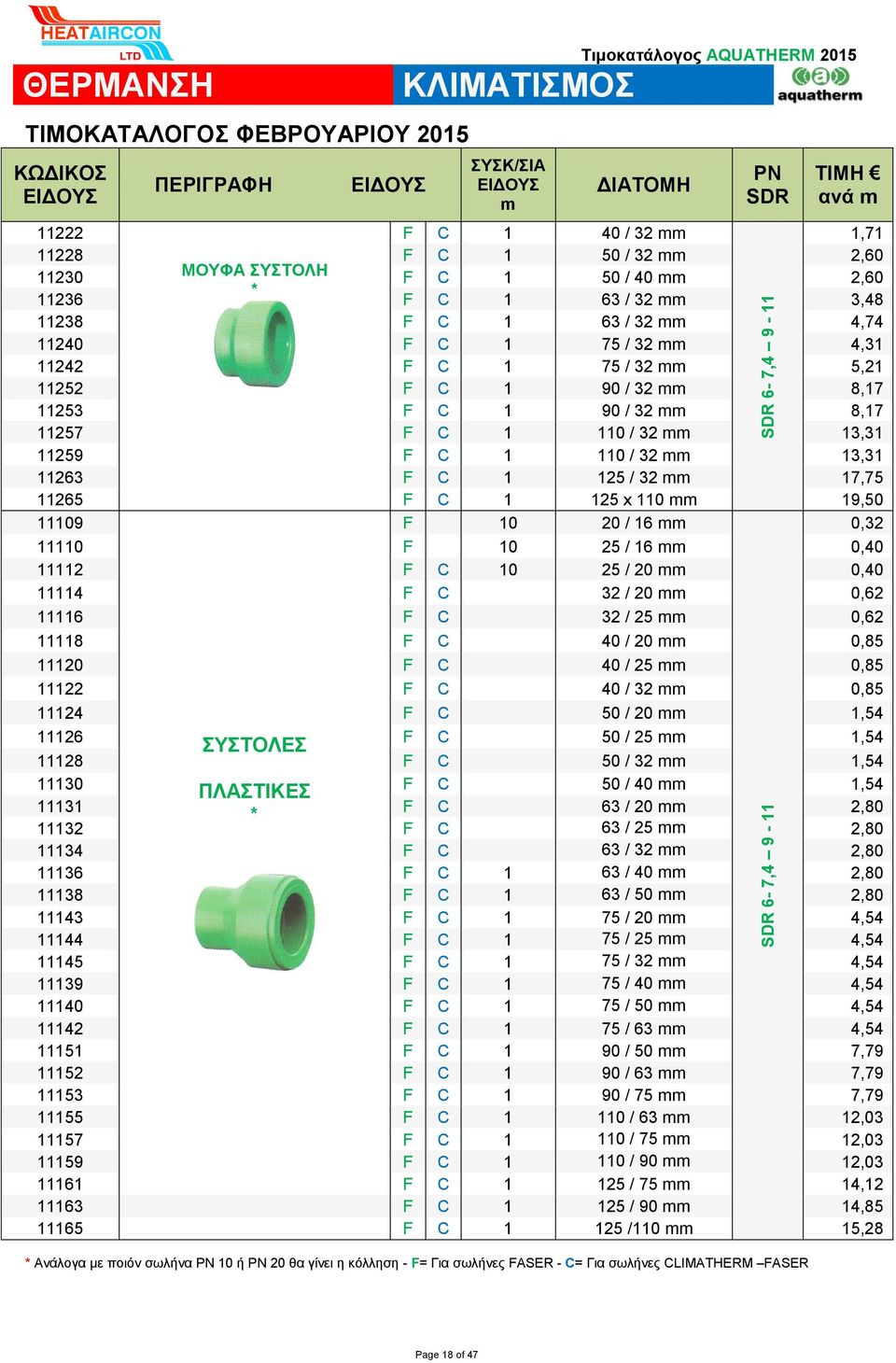 11110 F 10 25 / 16 0,40 11112 F C 10 25 / 20 0,40 11114 F C 32 / 20 0,62 11116 F C 32 / 25 0,62 11118 F C 40 / 20 0,85 11120 F C 40 / 25 0,85 11122 F C 40 / 32 0,85 11124 F C 50 / 20 1,54 11126 F C