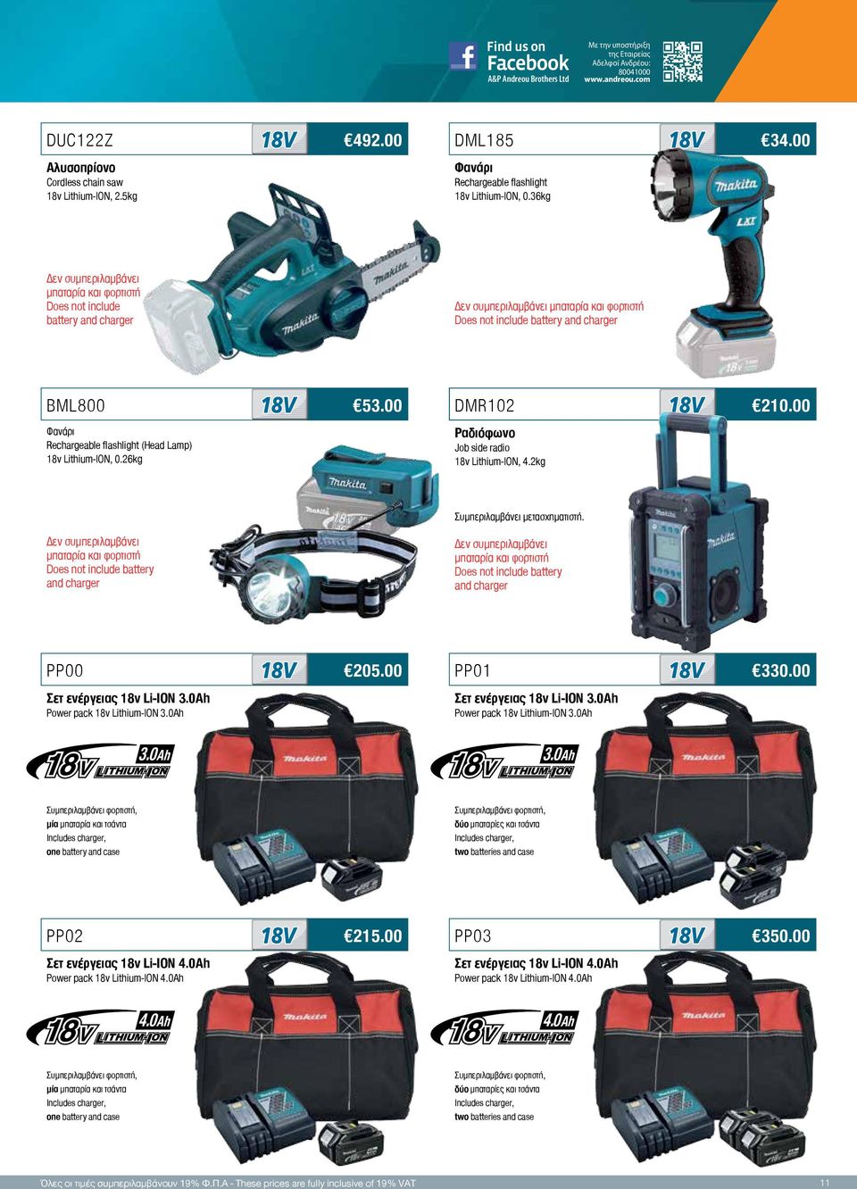 00 Φανάρι Rechargeable flashlight (Head Lamp) 18v Lithium-ION, 0.26kg Ραδιόφωνο Job side radio 18v Lithium-ION, 4.2kg Συμπεριλαμβάνει μετασχηματιστή.