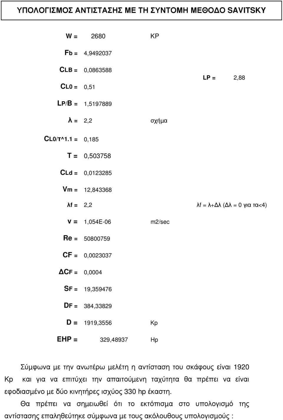 = 384,33829 D = 1919,3556 Kp EHP = 329,48937 Hp Σύµφωνα µε την ανωτέρω µελέτη η αντίσταση του σκάφους είναι 1920 Kp και για να επιτύχει την απαιτούµενη ταχύτητα θα πρέπει