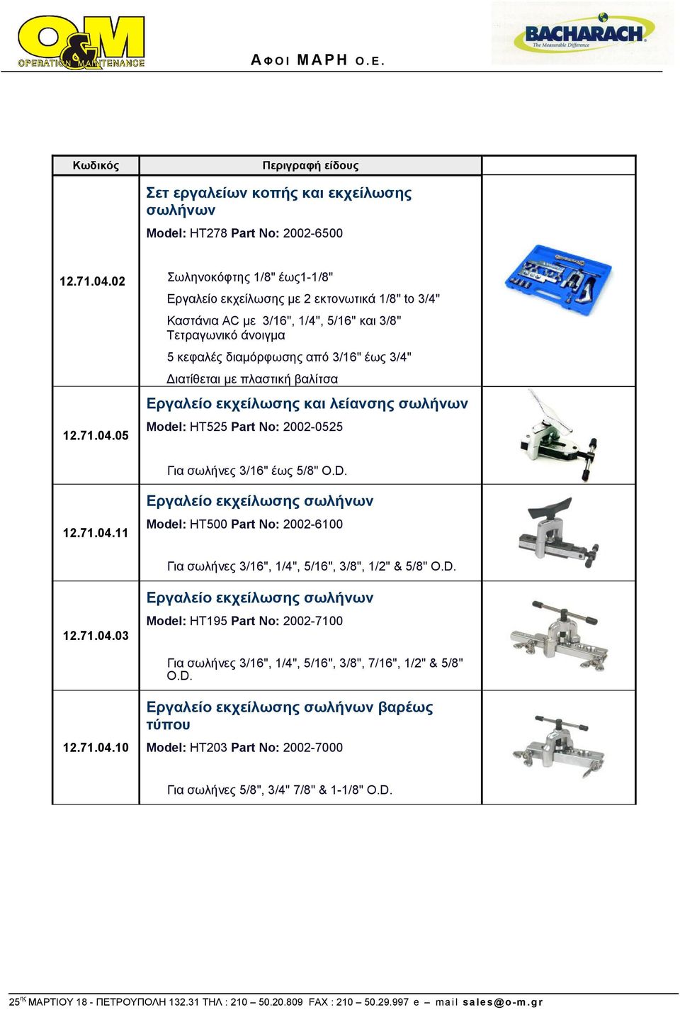 05 Σωληνοκόφτης 1/8" έως1-1/8" Εργαλείο εκχείλωσης με 2 εκτονωτικά 1/8" to 3/4" Καστάνια AC με 3/16", 1/4", 5/16" και 3/8" Τετραγωνικό άνοιγμα 5 κεφαλές διαμόρφωσης από 3/16" έως 3/4"