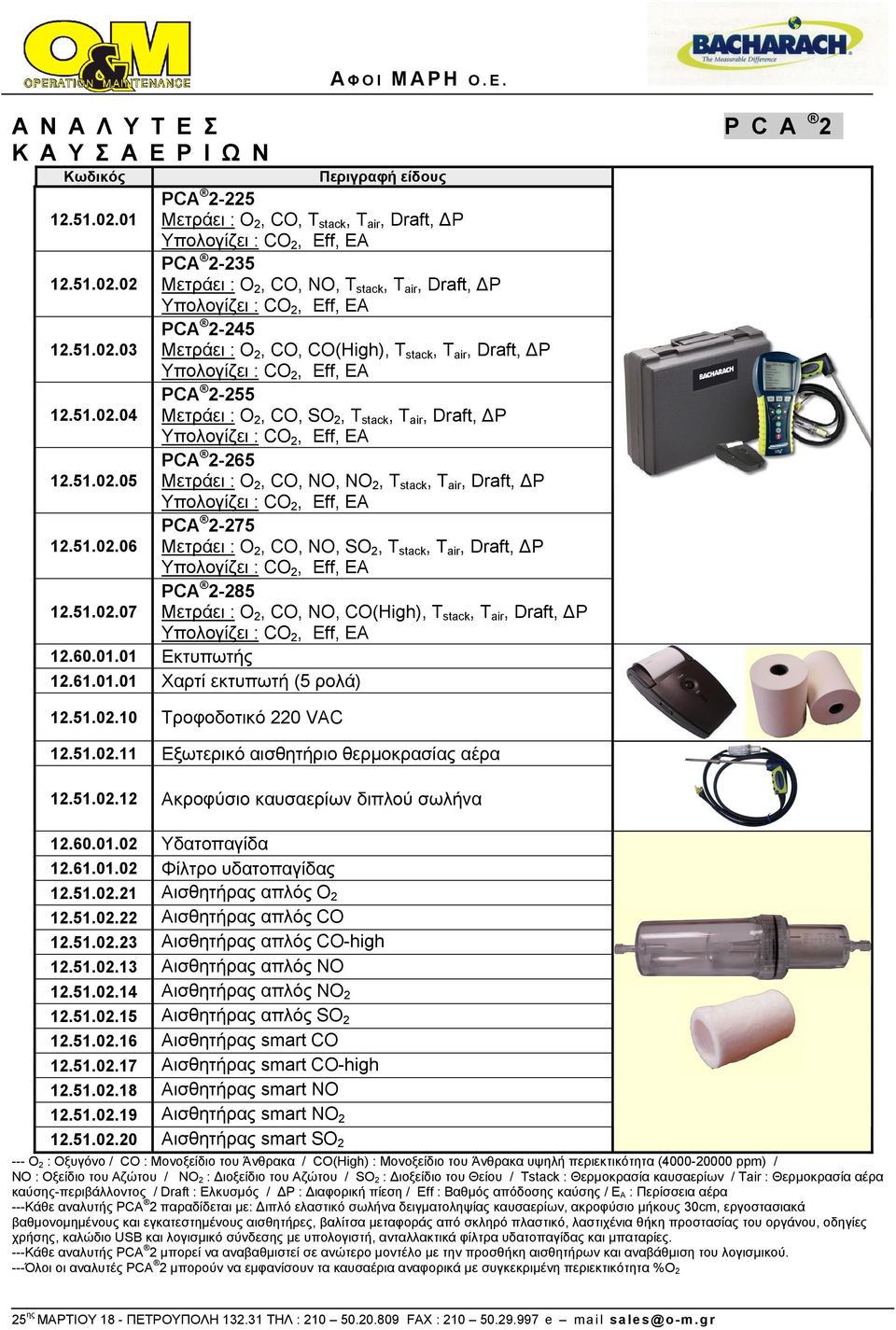 51.02.05 Μετράει : Ο 2, CO, NO, NO 2, T stack, T air, Draft, ΔP Υπολογίζει : CO 2, Eff, EA PCA 2-275 12.51.02.06 Μετράει : Ο 2, CO, NO, SO 2, T stack, T air, Draft, ΔP Υπολογίζει : CO 2, Eff, EA PCA 2-285 12.