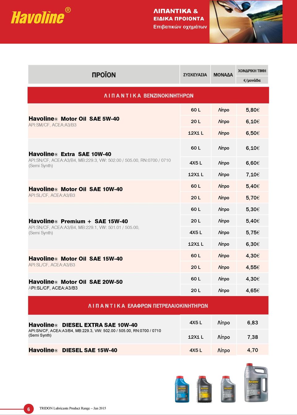 00, RN:0700 / 0710 (Semi Synth) Havoline Motor Oil SAE 10W-40 API:SL/CF, ACEA:A3/B3 60 L Λίτρο 6,10 4X5 L Λίτρο 6,60 12X1 L Λίτρο 7,10 60 L Λίτρο 5,40 20 L Λίτρο 5,70 60 L Λίτρο 5,30 Havoline Premium