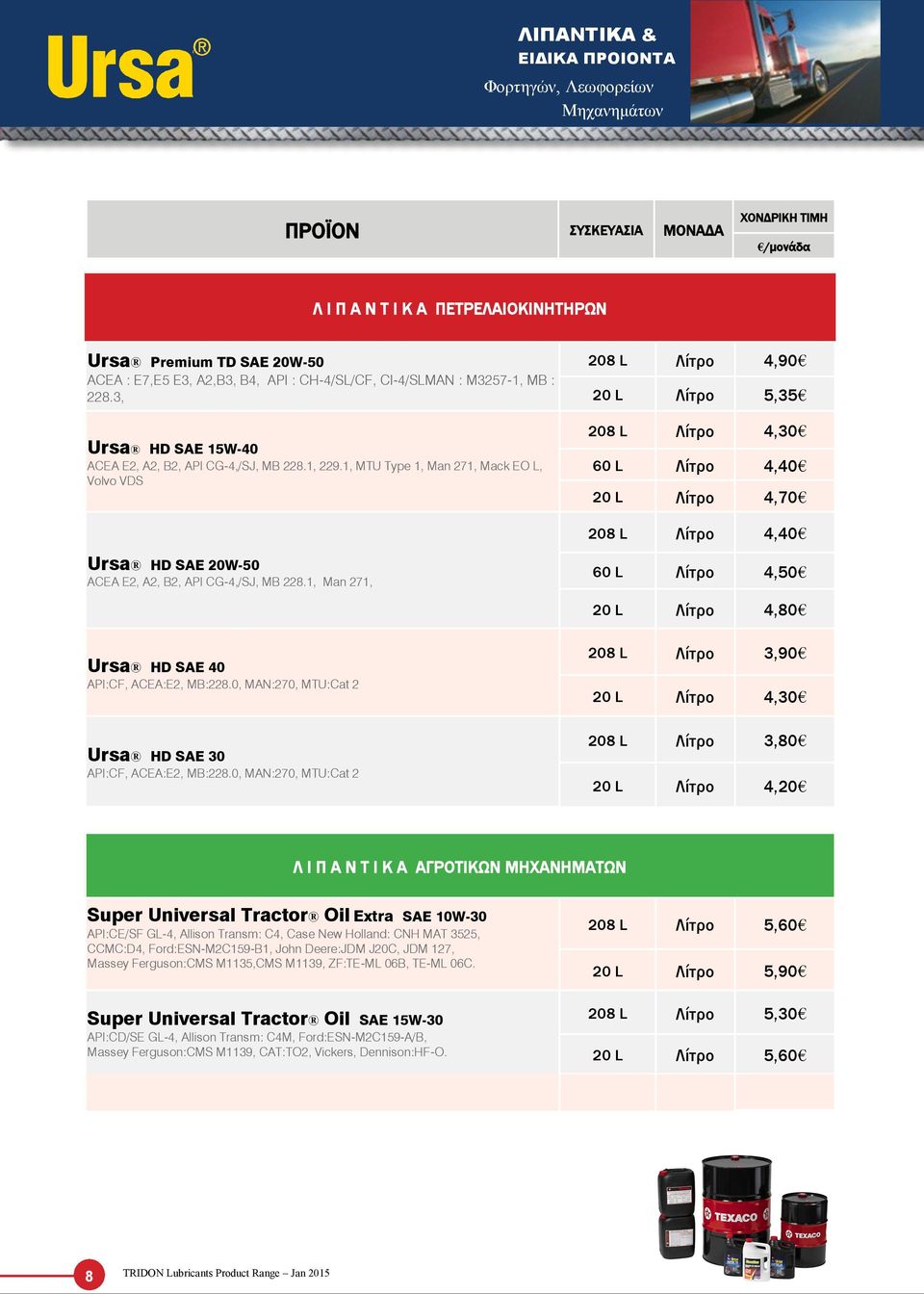 1, MTU Type 1, Man 271, Mack EO L, Volvo VDS 208 L Λίτρο 4,90 20 L Λίτρο 5,35 208 L Λίτρο 4,30 60 L Λίτρο 4,40 20 L Λίτρο 4,70 208 L Λίτρο 4,40 Ursa HD SAE 20W-50 ACEA E2, A2, B2, API CG-4,/SJ, MB