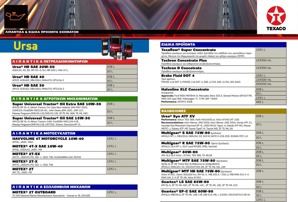 0, MAN:270, MTU:Cat 2 Λ Ι Π Α Ν T Ι Κ Α ΑΓΡΟΤΙΚΩΝ ΜΗΧΑΝΗΜΑΤΩΝ Super Universal Tractor Oil Extra SAE 10W-30 API:CE/SF GL-4, Allison Transm: C4, Case New Holland: CNH MAT 3525, CCMC:D4,