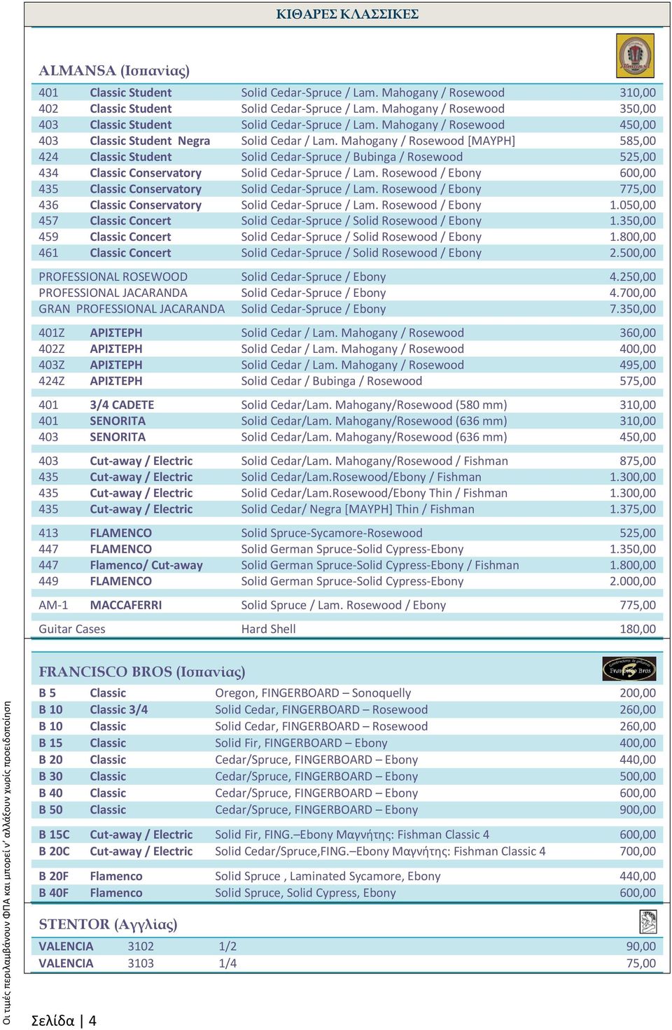 Mahogany / Rosewood [ΜΑΥΡΗ] 585,00 424 Classic Student Solid Cedar-Spruce / Bubinga / Rosewood 525,00 434 Classic Conservatory Solid Cedar-Spruce / Lam.