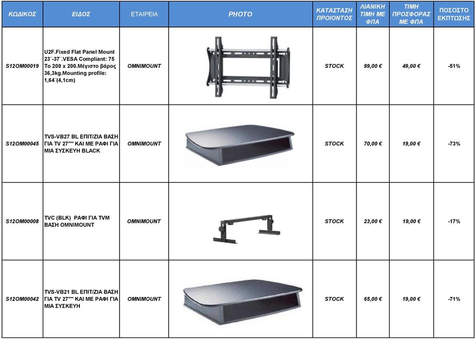 ME ΡΑΦΙ ΓΙΑ ΜΙΑ ΣΥΣΚΕΥΗ BLACK OMNIMOUNT STOCK 70,00 19,00-73% S12OM00008 TVC (BLK) PAΦI ΓIA TVM BAΣH OMNIMOUNT