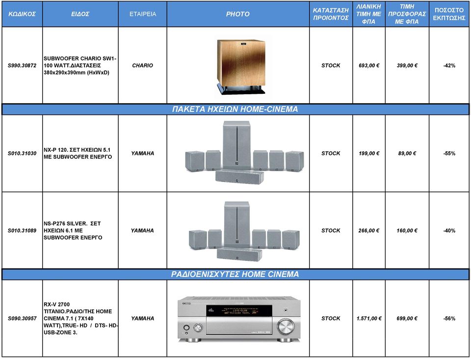 ΣΕΤ ΗΧΕΙΩΝ 5.1 ΜΕ SUBWOOFER ΕΝΕΡΓΟ YAMAHA STOCK 199,00 89,00-55% S010.31089 NS-P276 SILVER. ΣET HXEIΩN 6.