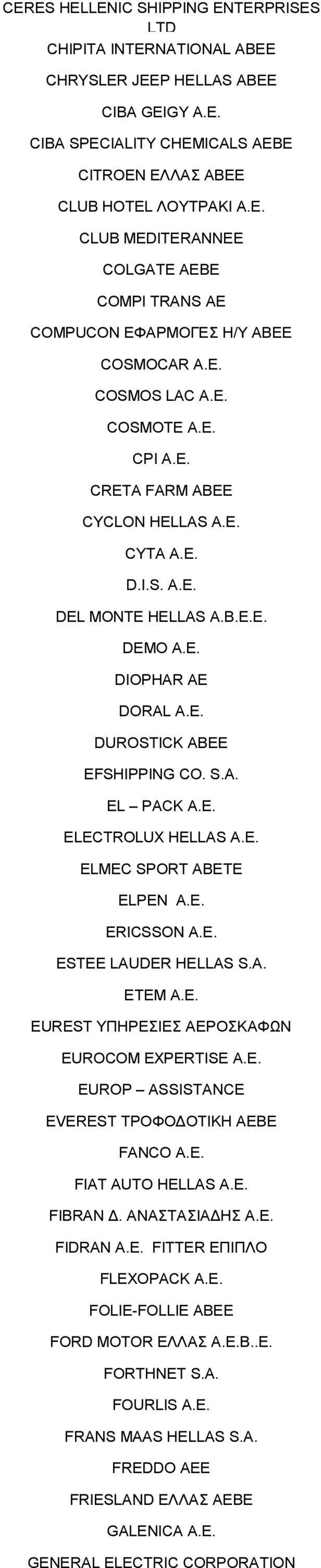 E. ELMEC SPORT ABETE ELPEN A.E. ERICSSON A.E. ESTEE LAUDER HELLAS S.A. ETEM A.E. EUREST ΥΠΗΡΕΣΙΕΣ ΑΕΡΟΣΚΑΦΩΝ EUROCOM EXPERTISE A.E. EUROP ASSISTANCE EVEREST ΤΡΟΦΟΔΟΤΙΚΗ ΑΕΒΕ FANCO A.E. FIAT AUTO HELLAS A.