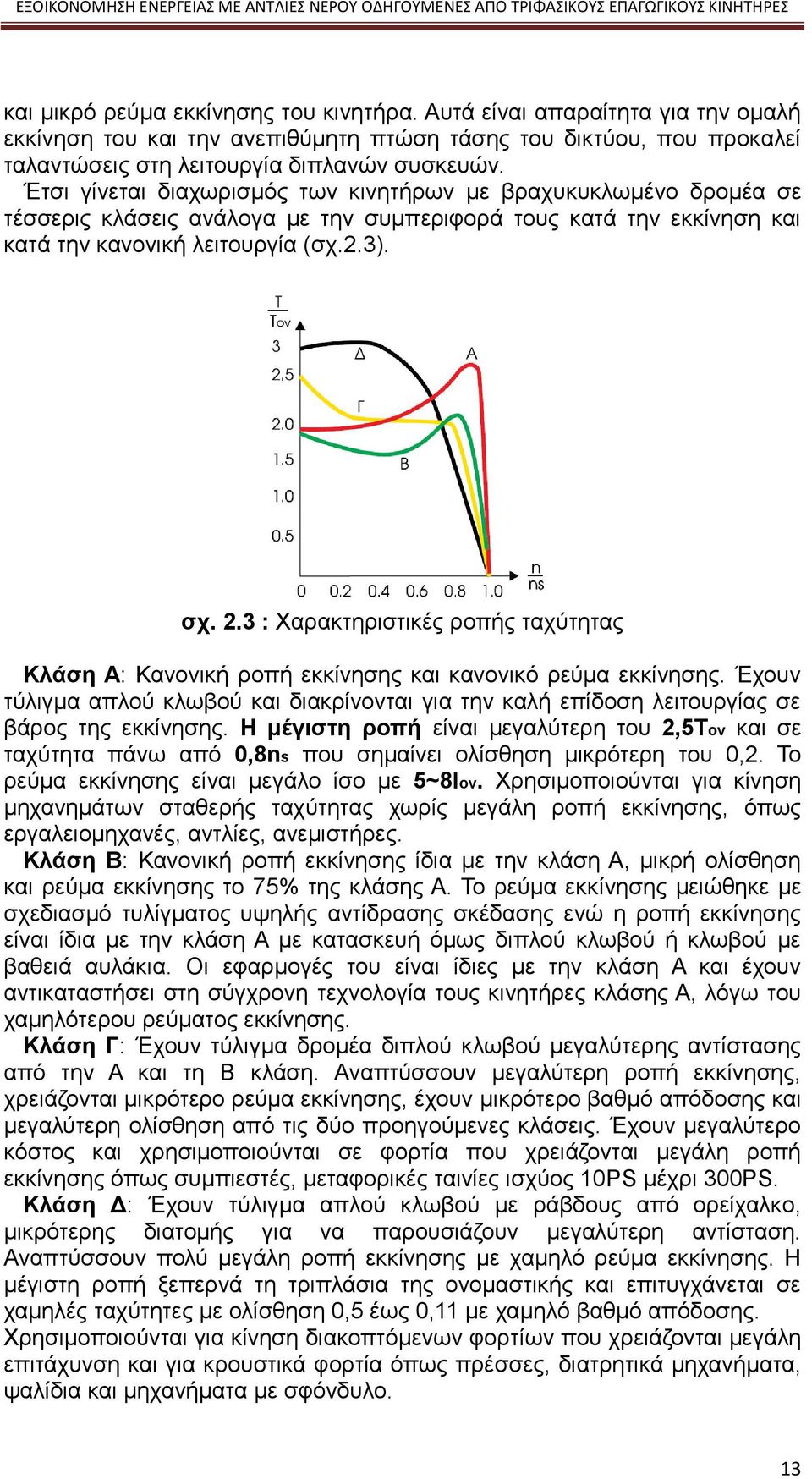 3 : Χαρακτηριστικές ροπής ταχύτητας Κλάση Α: Κανονική ροπή εκκίνησης και κανονικό ρεύμα εκκίνησης. Έχουν τύλιγμα απλού κλωβού και διακρίνονται για την καλή επίδοση λειτουργίας σε βάρος της εκκίνησης.