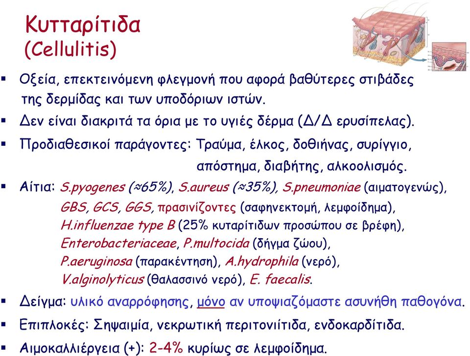 pneumoniae (αιματογενώς), GBS, GCS, GGS, πρασινίζοντες (σαφηνεκτομή, λεμφοίδημα), H.influenzae type B (25% κυταρίτιδων προσώπου σε βρέφη), Enterobacteriaceae, P.multocida (δήγμα ζώου), P.