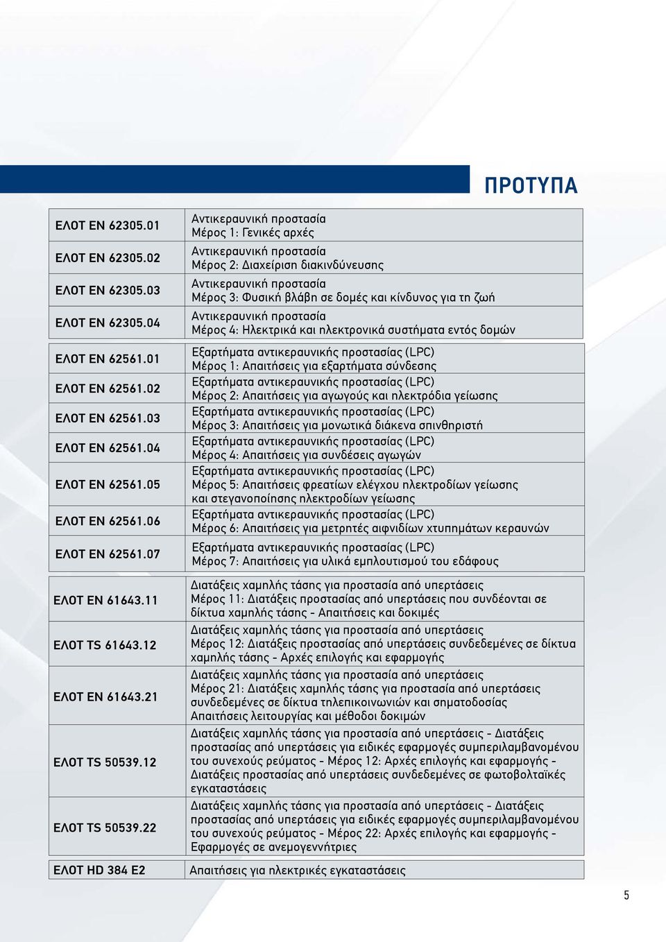 22 ΕΛΟΤ HD 384 Ε2 Αντικεραυνική προστασία Μέρος 1: Γενικές αρχές Αντικεραυνική προστασία Μέρος 2: Διαχείριση διακινδύνευσης Αντικεραυνική προστασία Μέρος 3: Φυσική βλάβη σε δομές και κίνδυνος για τη