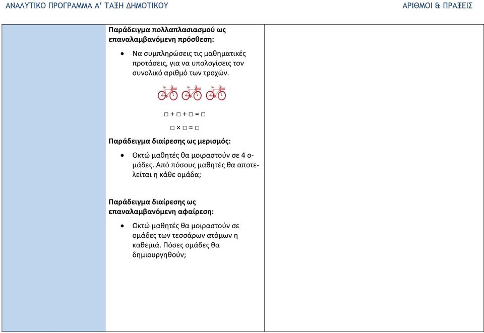 + + = = Παράδειγμα διαίρεσης ως μερισμός: Οκτώ μαθητές θα μοιραστούν σε 4 ο- μάδες.