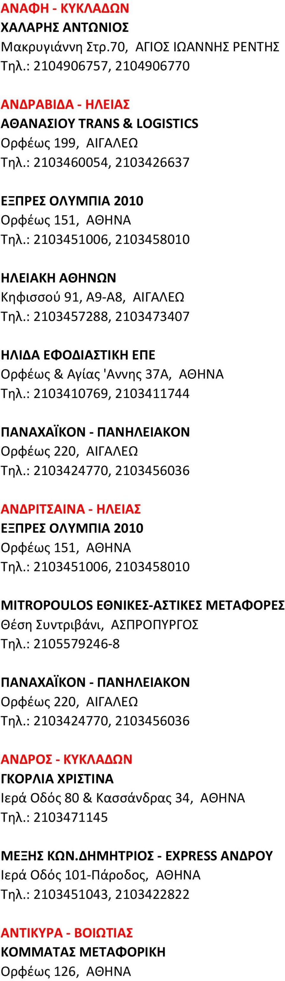 : 2103457288, 2103473407 ΗΛΙΔΑ ΕΦΟΔΙΑΣΤΙΚΗ ΕΠΕ Ορφέως & Αγίας 'Αννης 37Α, ΑΘΗΝΑ Τηλ.: 2103410769, 2103411744 ΠΑΝΑΧΑΪΚΟΝ - ΠΑΝΗΛΕΙΑΚΟΝ Ορφέως 220, ΑΙΓΑΛΕΩ Τηλ.