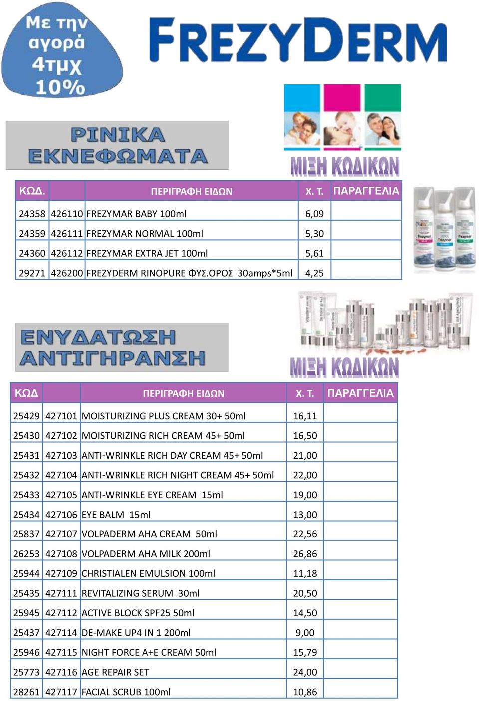 ΠΑΡΑΓΓΕΛΙΑ 25429 427101 MOISTURIZING PLUS CREAM 30+ 50ml 16,11 25430 427102 MOISTURIZING RICH CREAM 45+ 50ml 16,50 25431 427103 ANTI-WRINKLE RICH DAY CREAM 45+ 50ml 21,00 25432 427104 ANTI-WRINKLE