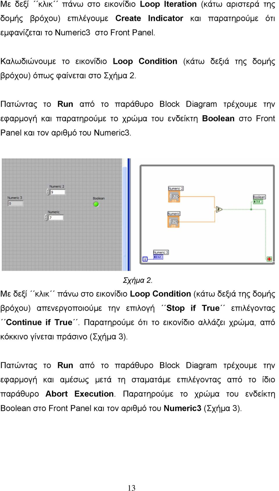 Πατώντας το Run από το παράθυρο Block Diagram τρέχουμε την εφαρμογή και παρατηρούμε το χρώμα του ενδείκτη Boolean στο Front Panel και τον αριθμό του Numeric3. Σχήμα 2.