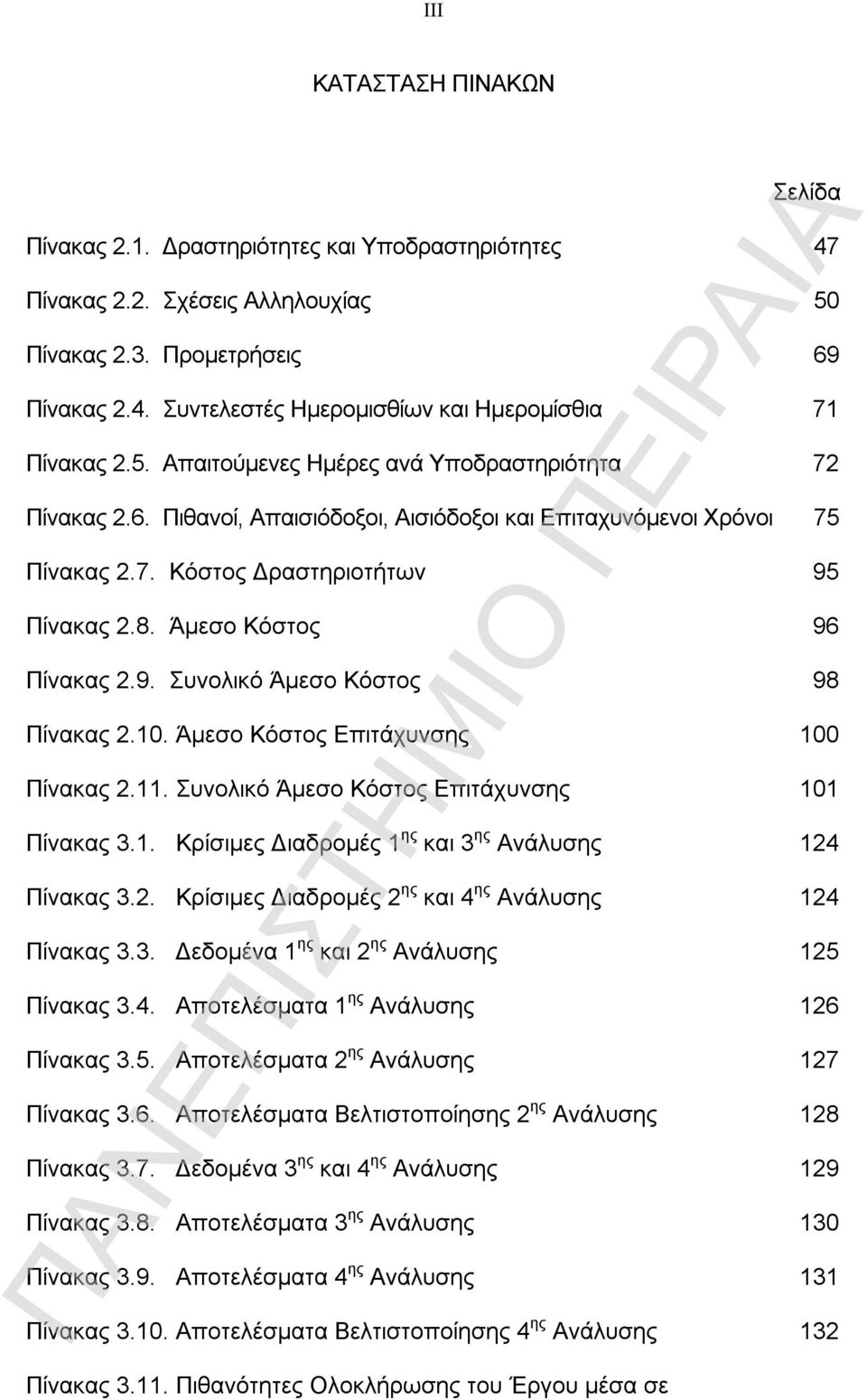 9. Συνολικό Άμεσο Κόστος 98 Πίνακας 2.10. Άμεσο Κόστος Επιτάχυνσης 100 Πίνακας 2.11. Συνολικό Άμεσο Κόστος Επιτάχυνσης 101 Πίνακας 3.1. Κρίσιμες Διαδρομές 1 ης και 3 ης Ανάλυσης 124 Πίνακας 3.2. Κρίσιμες Διαδρομές 2 ης και 4 ης Ανάλυσης 124 Πίνακας 3.