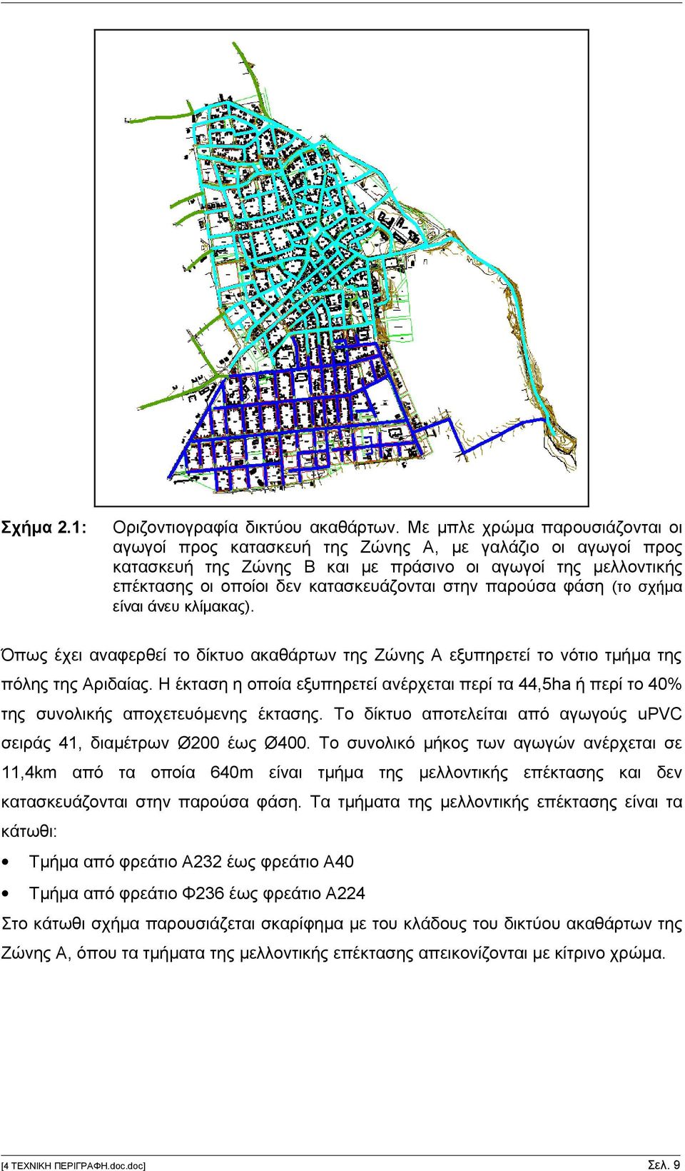 στην παρούσα φάση (το σχήμα είναι άνευ κλίμακας). Όπως έχει αναφερθεί το δίκτυο ακαθάρτων της Ζώνης Α εξυπηρετεί το νότιο τμήμα της πόλης της Αριδαίας.