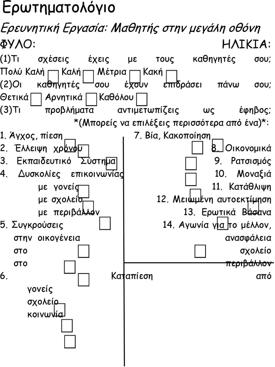 Βία, Κακοποίηση 2. Έλλειψη χρόνου 8. Οικονομικά 3. Εκπαιδευτικό Σύστημα 9. Ρατσισμός 4. Δυσκολίες επικοινωνίας 10. Μοναξιά με γονείς 11. Κατάθλιψη με σχολείο 12.