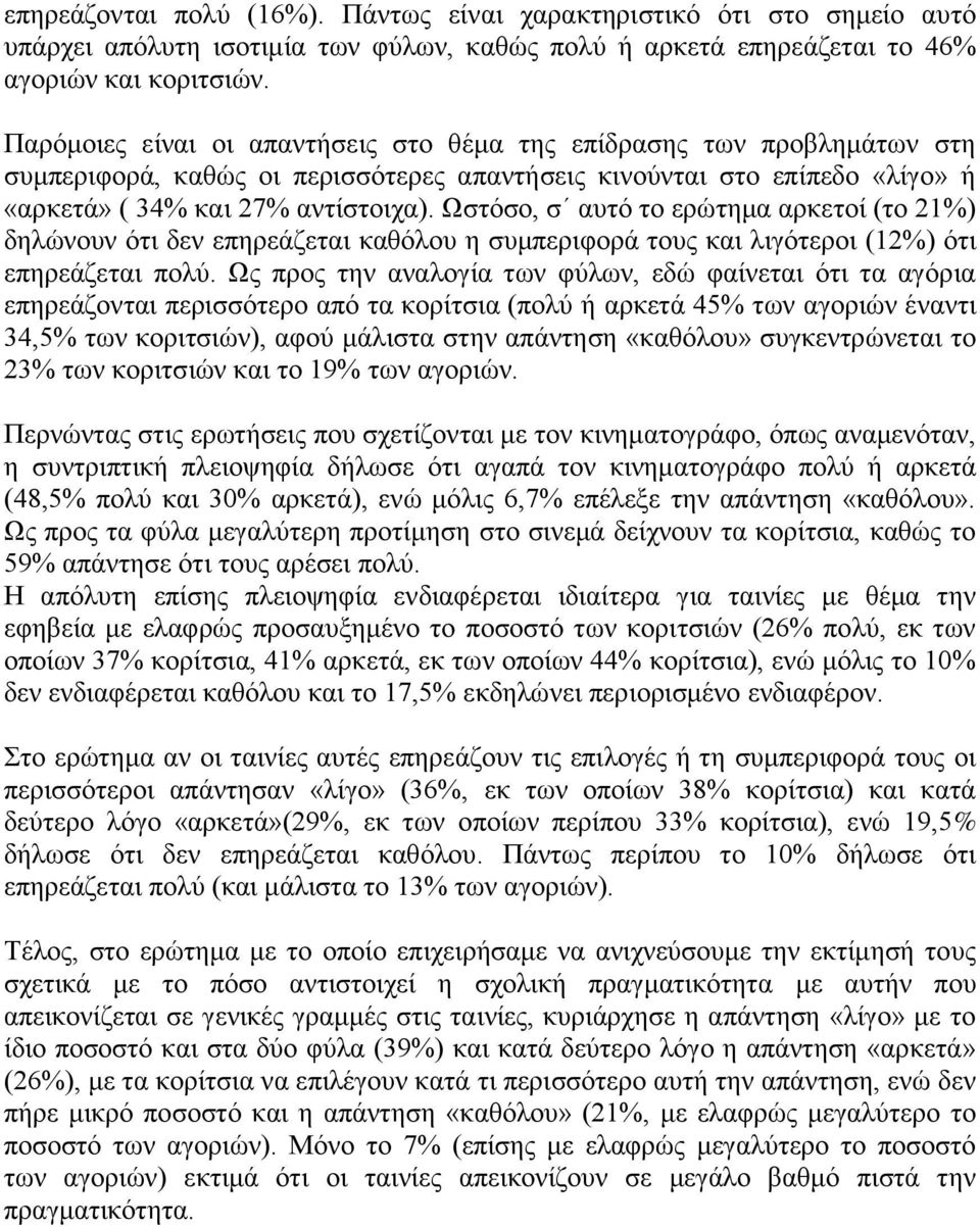 Ωστόσο, σ αυτό το ερώτημα αρκετοί (το 21%) δηλώνουν ότι δεν επηρεάζεται καθόλου η συμπεριφορά τους και λιγότεροι (12%) ότι επηρεάζεται πολύ.