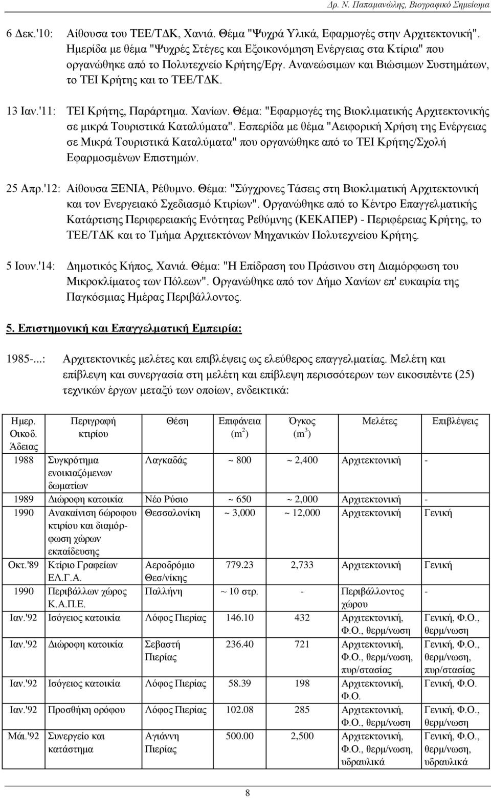 '11: ΤΕΙ Κρήτης, Παράρτημα. Χανίων. Θέμα: "Εφαρμογές της Βιοκλιματικής Αρχιτεκτονικής σε μικρά Τουριστικά Καταλύματα".