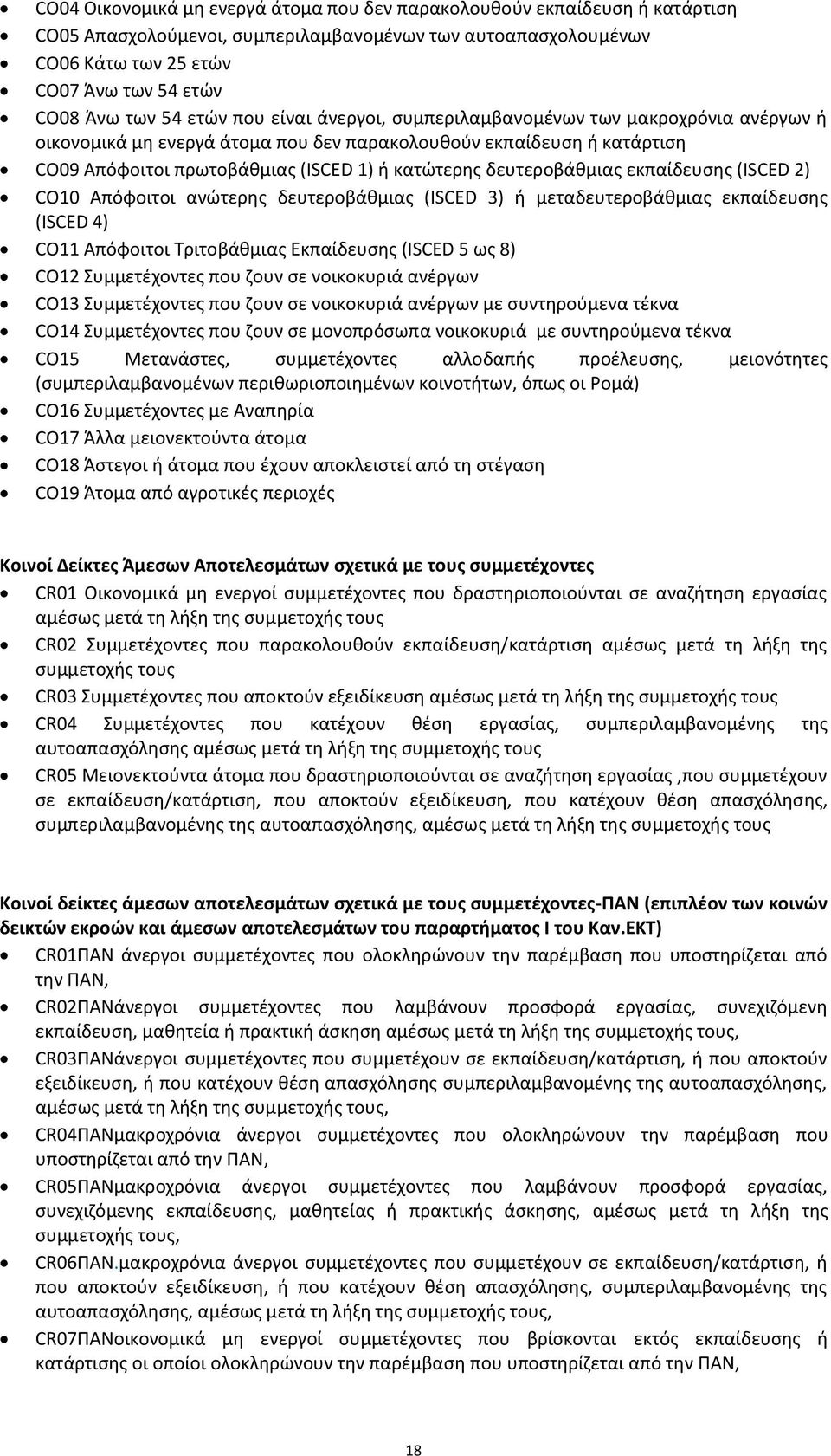 δευτεροβάθμιας εκπαίδευσης (ISCED 2) CO10 Απόφοιτοι ανώτερης δευτεροβάθμιας (ISCED 3) ή μεταδευτεροβάθμιας εκπαίδευσης (ISCED 4) CO11 Απόφοιτοι Τριτοβάθμιας Εκπαίδευσης (ISCED 5 ως 8) CO12